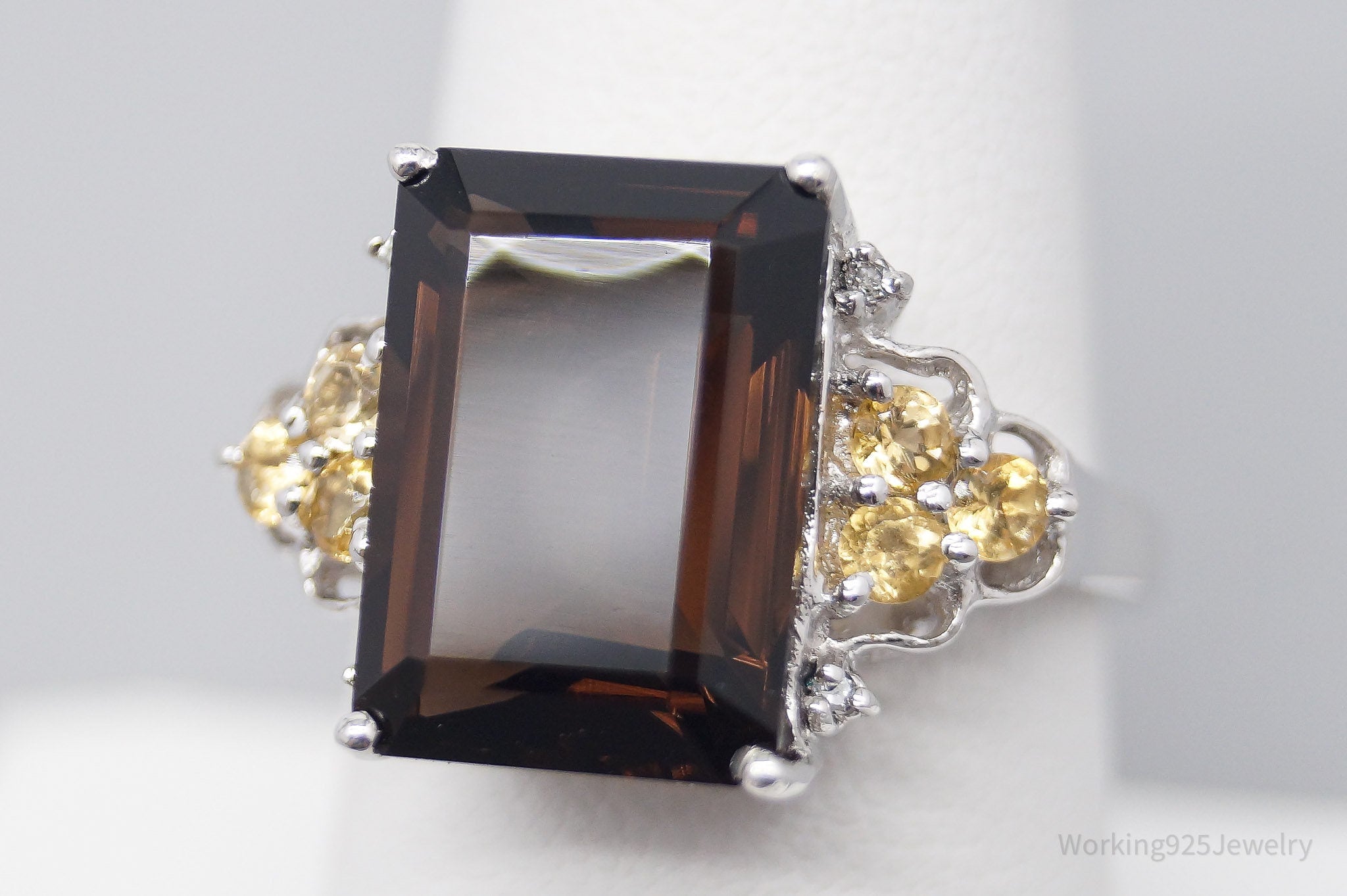 Vintage Large Smoky Topaz Citrine White Topaz Sterling Silver Ring - Size 8