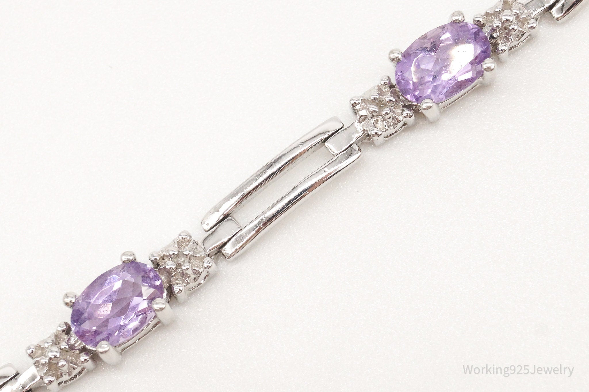 Vintage Two Diamonds Amethyst Sterling Silver Bracelet