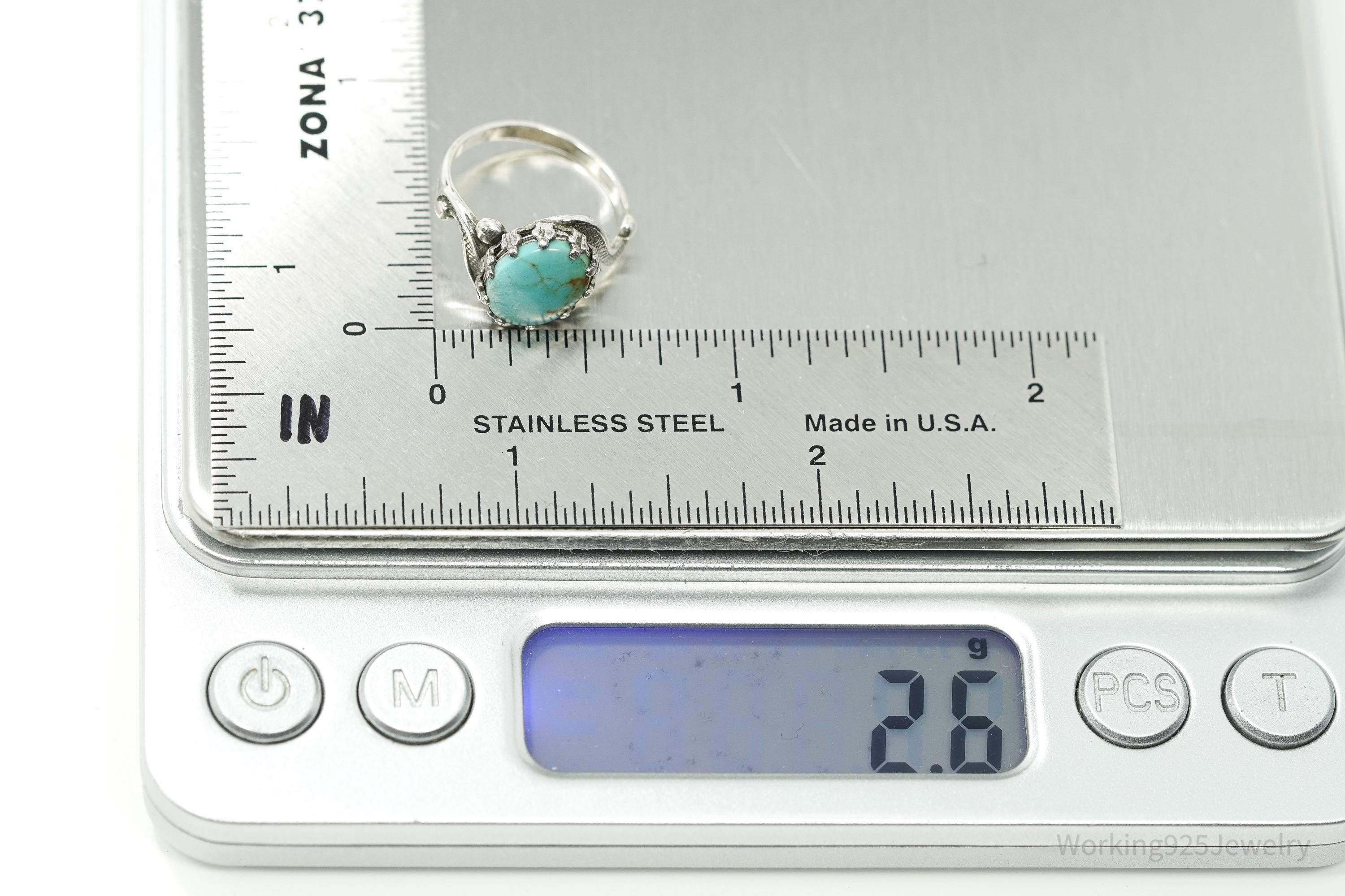 Vintage Native American Signed JP Turquoise Sterling Silver Ring - Size 4.5