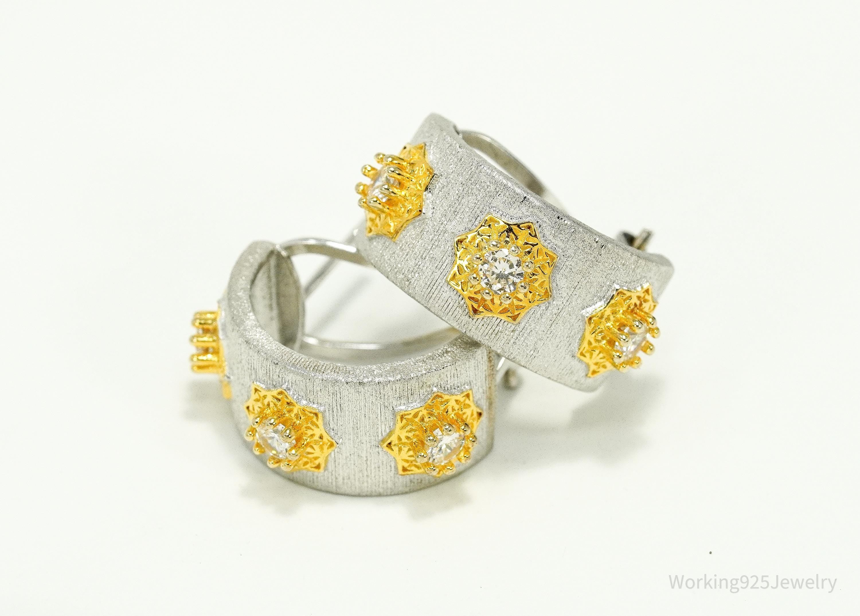 Vintage Cubic Zirconia Gold Vermeil Sterling Silver Hoop Earrings