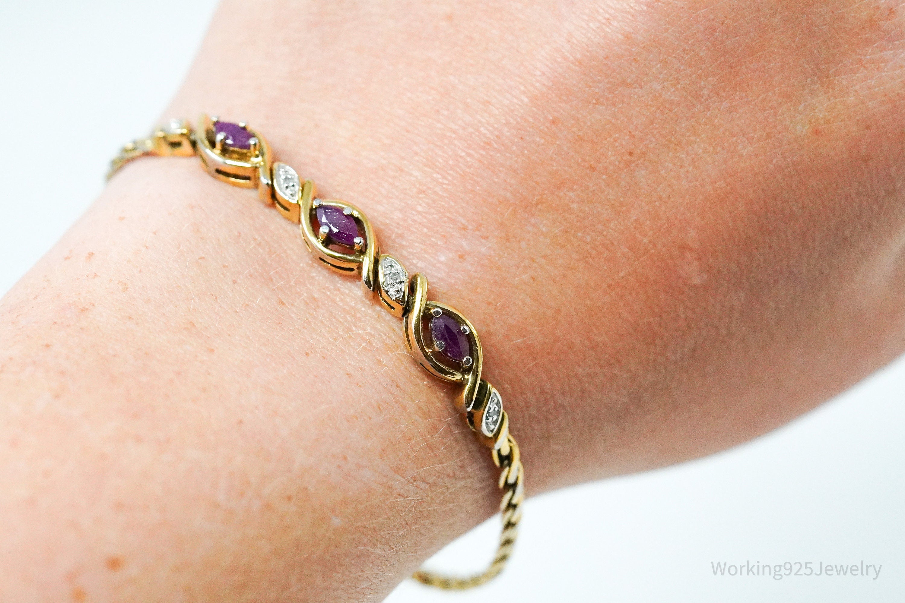 Vintage PAJ Diamond & Ruby Gold Over Sterling Silver Bracelet 7.25"