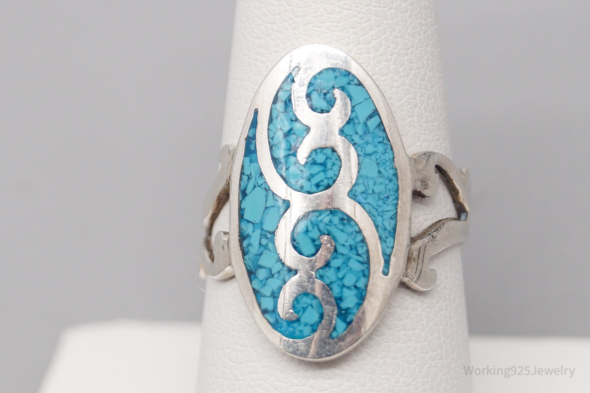 Vintage Turquoise Inlay Sterling Silver Ring - Size 8