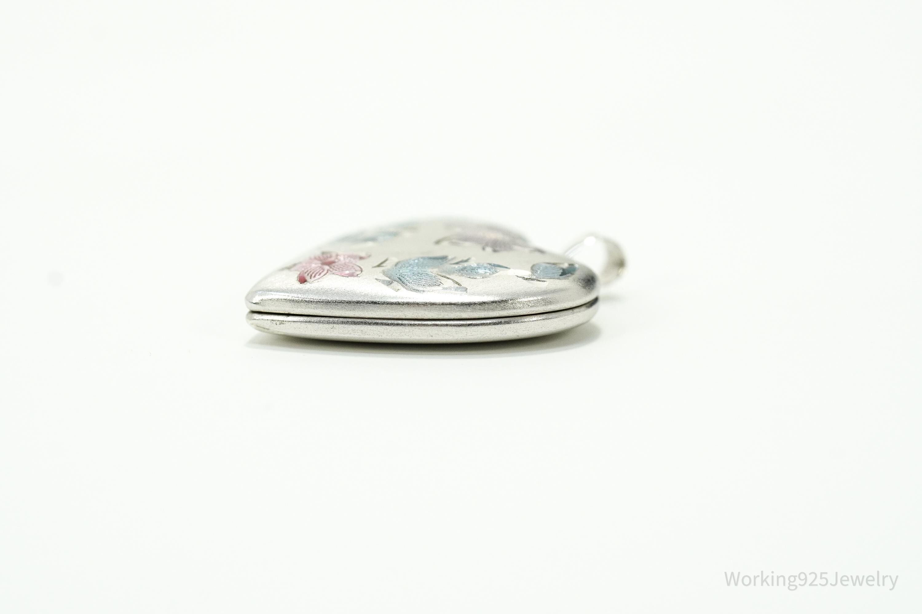 Vintage Etched Enamel Floral Heart Picture Locket Silver Pendant