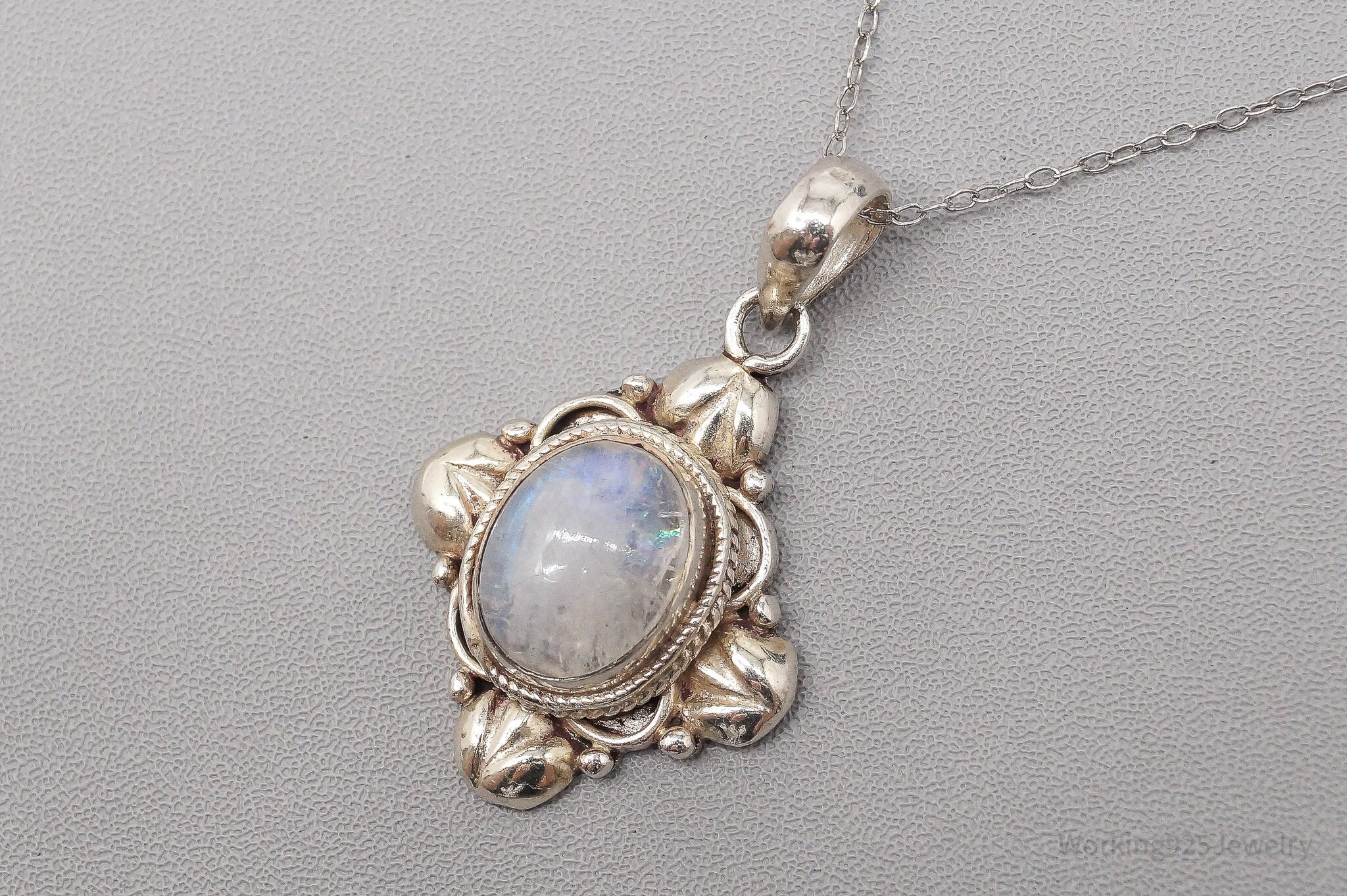 Vintage Moonstone Ornate Sterling Silver Necklace - 20"