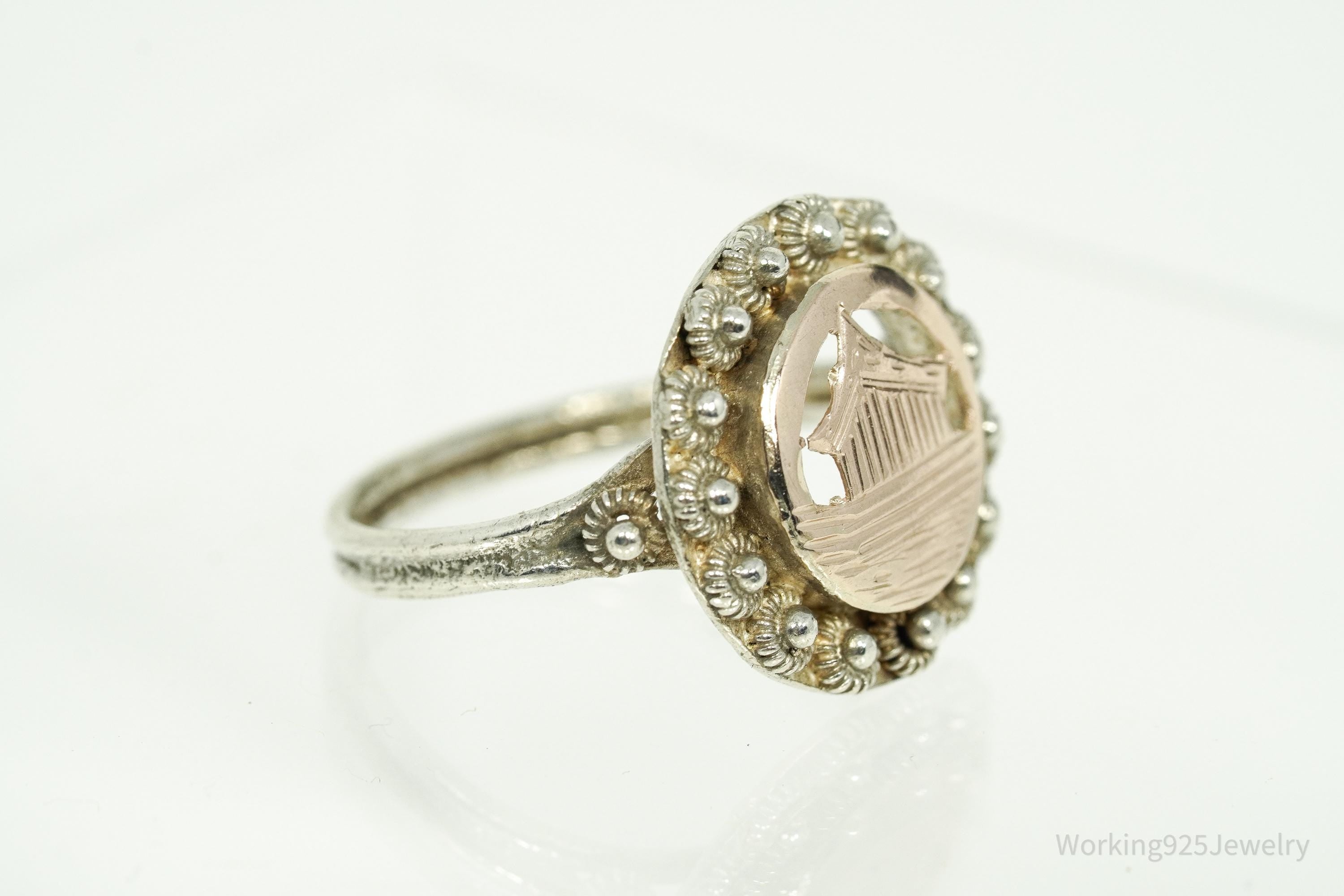 Vintage Cannetille Two Tone Silver Ring - Size 8