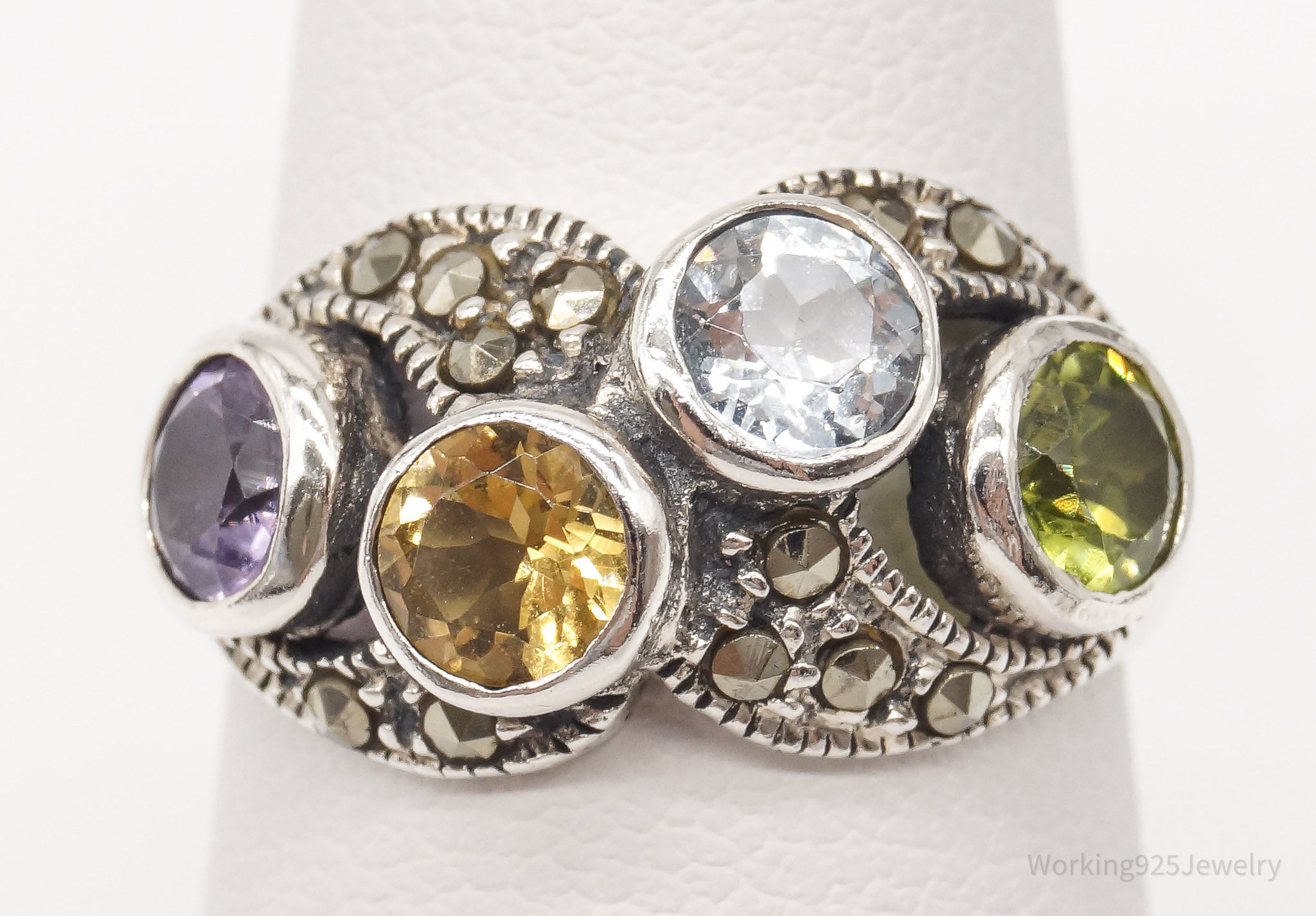 Vintage Multi Gemstone Sterling Silver Ring - Size 6