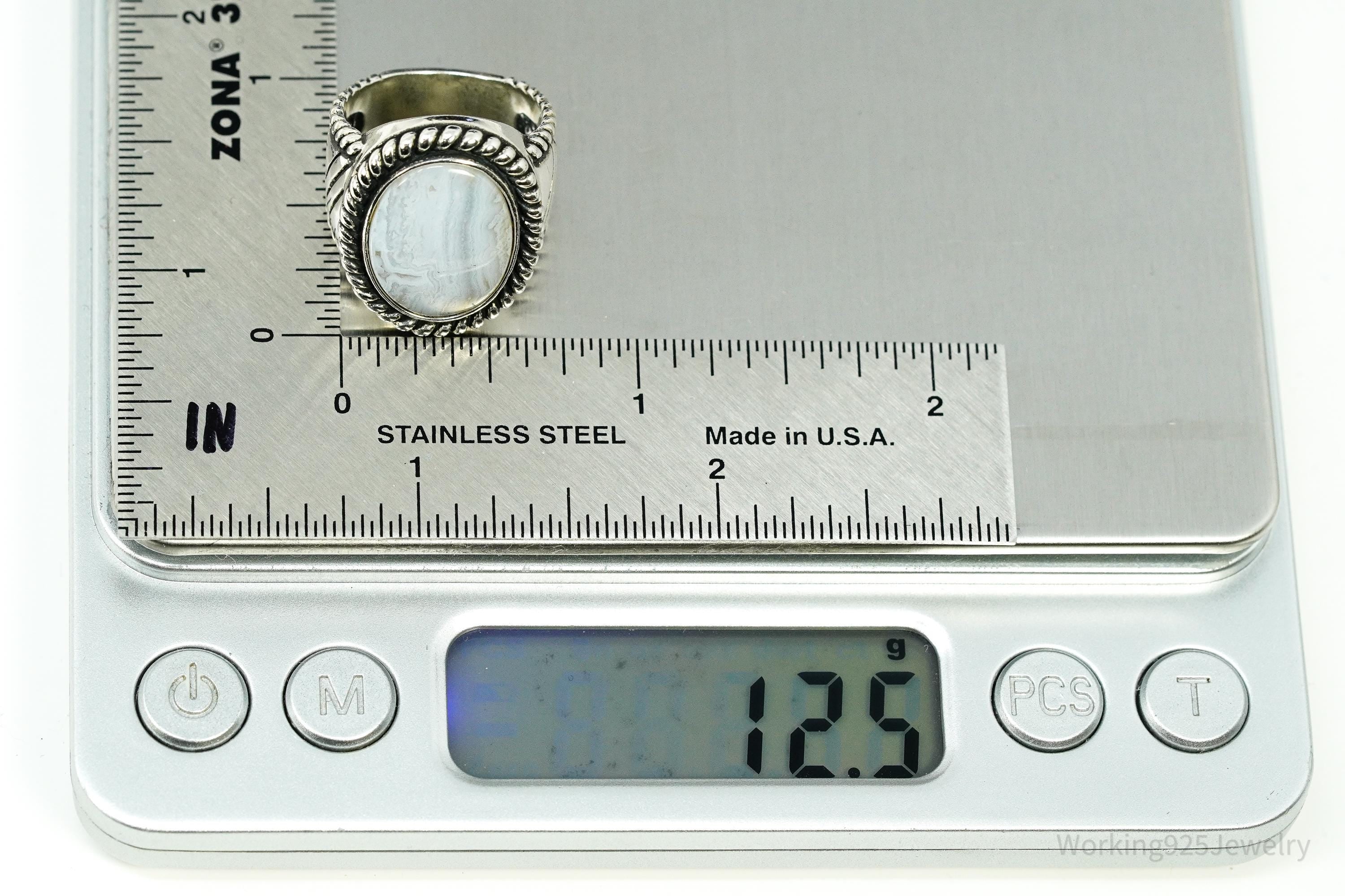 Vintage Native Designer Carolyn Pollack Blue Lace Agate Sterling Silver Ring - Size 6.5