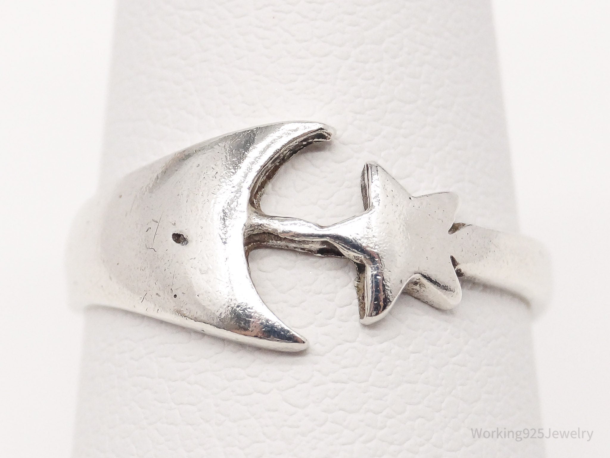 Vintage Moon & Star Sterling Silver Ring - Size 6.5