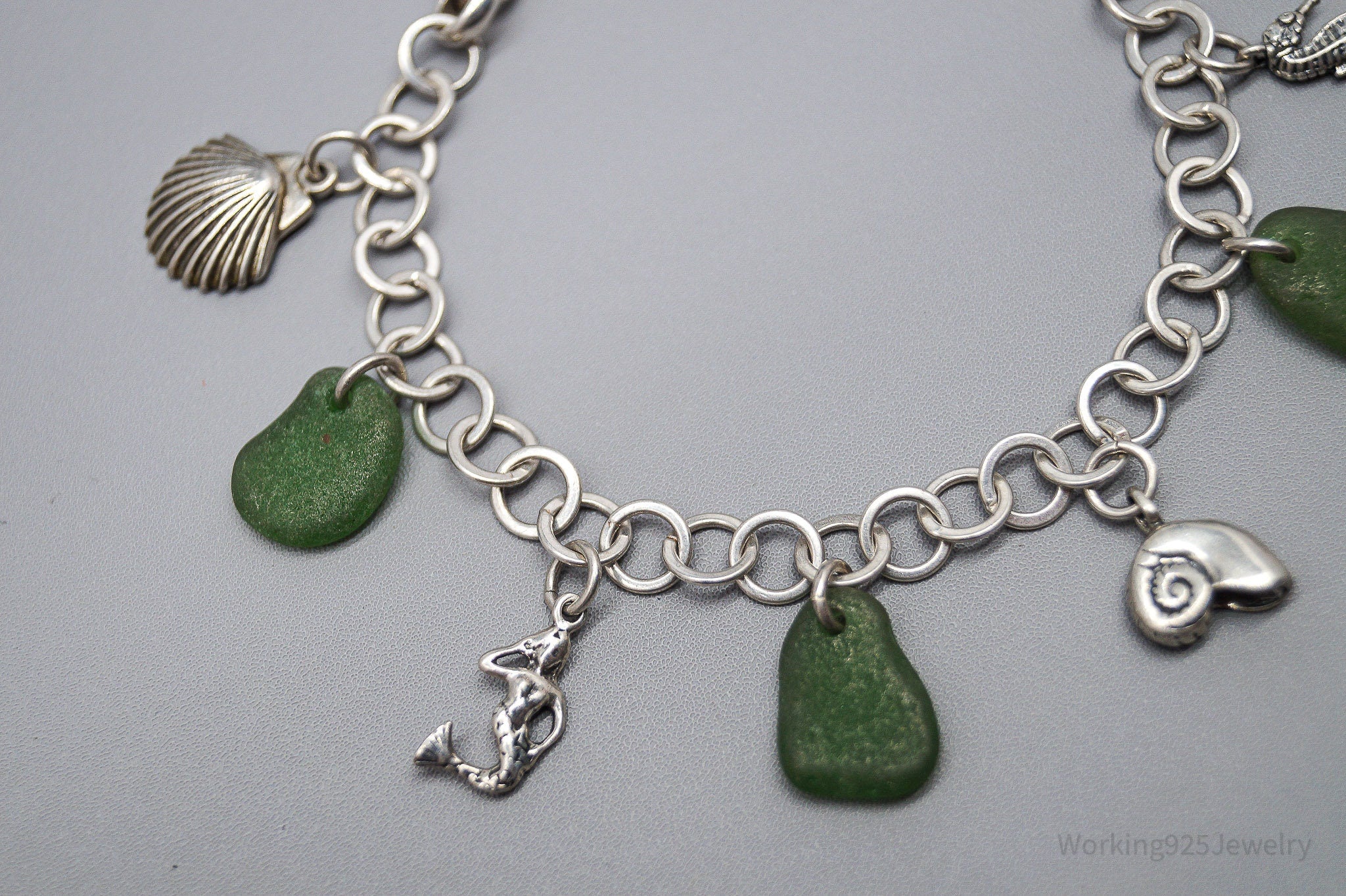Vintage Ocean & Green Sea Glass Charms Sterling Silver Bracelet - 7.75"