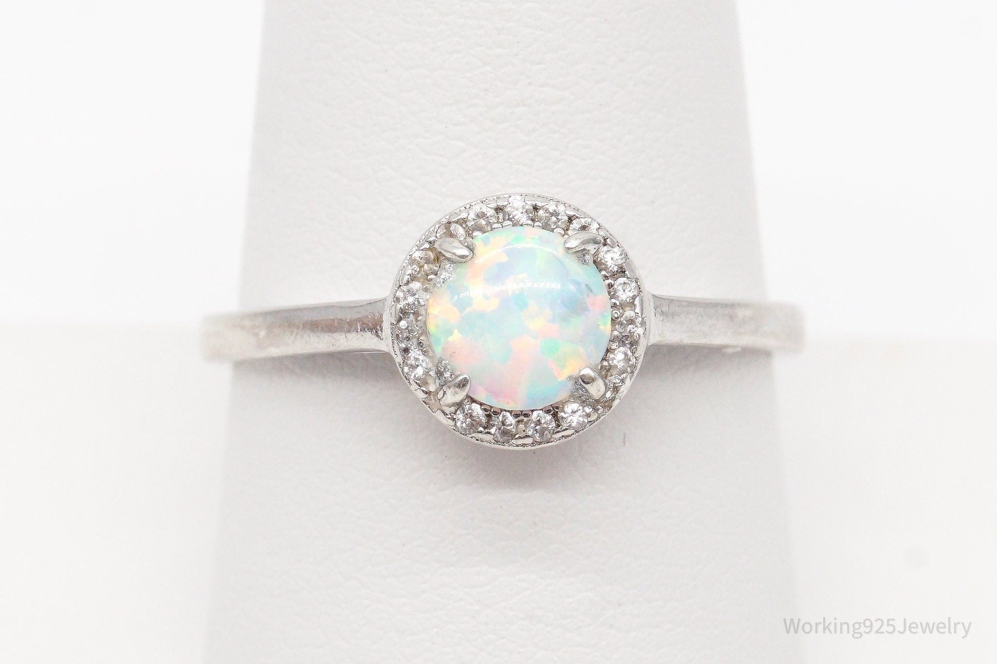 Vintage Opal Cubic Zirconia Sterling Silver Ring Size 8.75