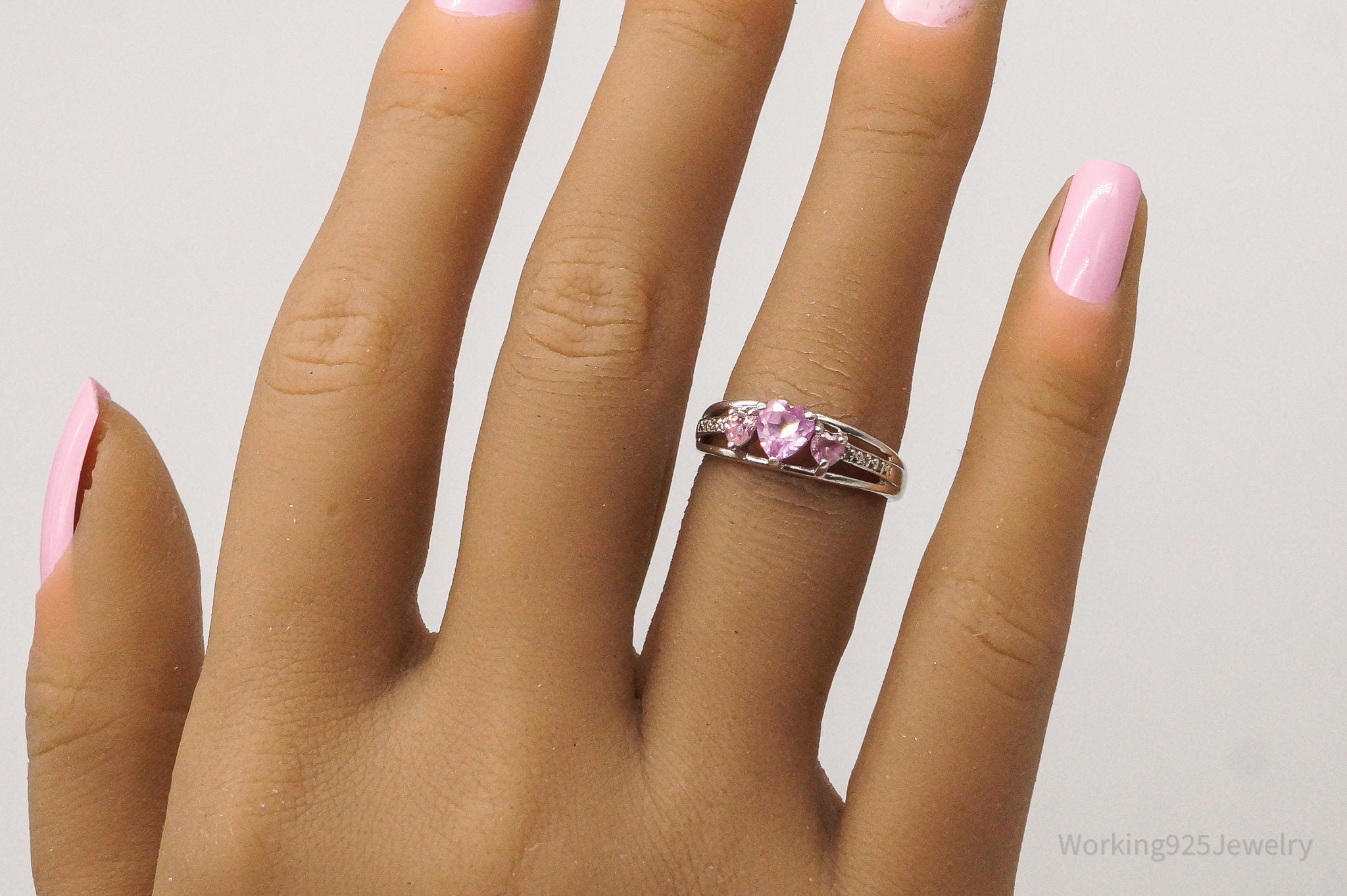 Vintage Pink Topaz Hearts Cubic Zirconia Silver Ring - Size 6