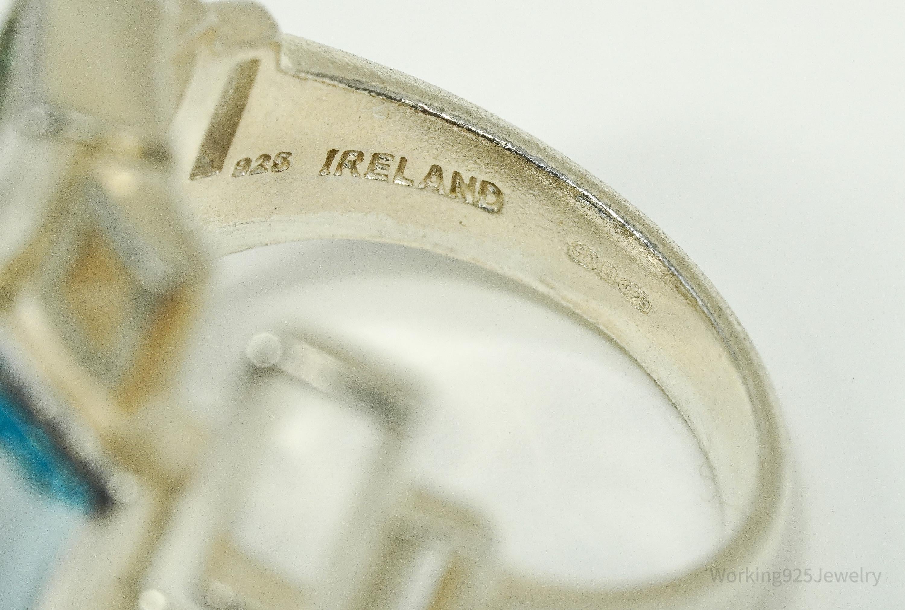 Vintage Green Amethyst & Blue Topaz Modernist Style Sterling Silver Irish Ring - Size 7.25