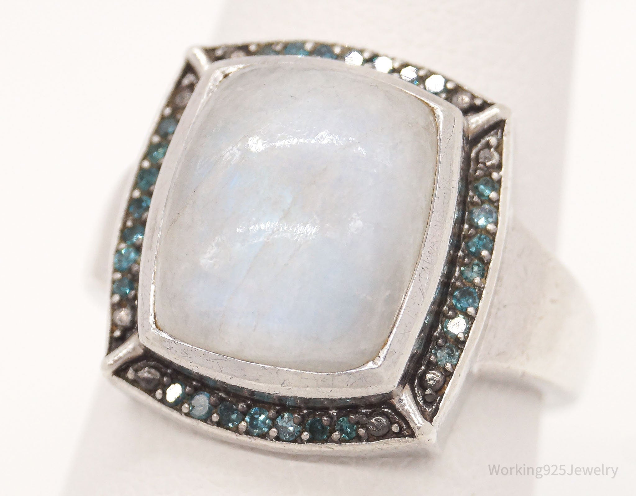 Vintage Moonstone Blue Diamond Sterling Silver Ring - Size 7