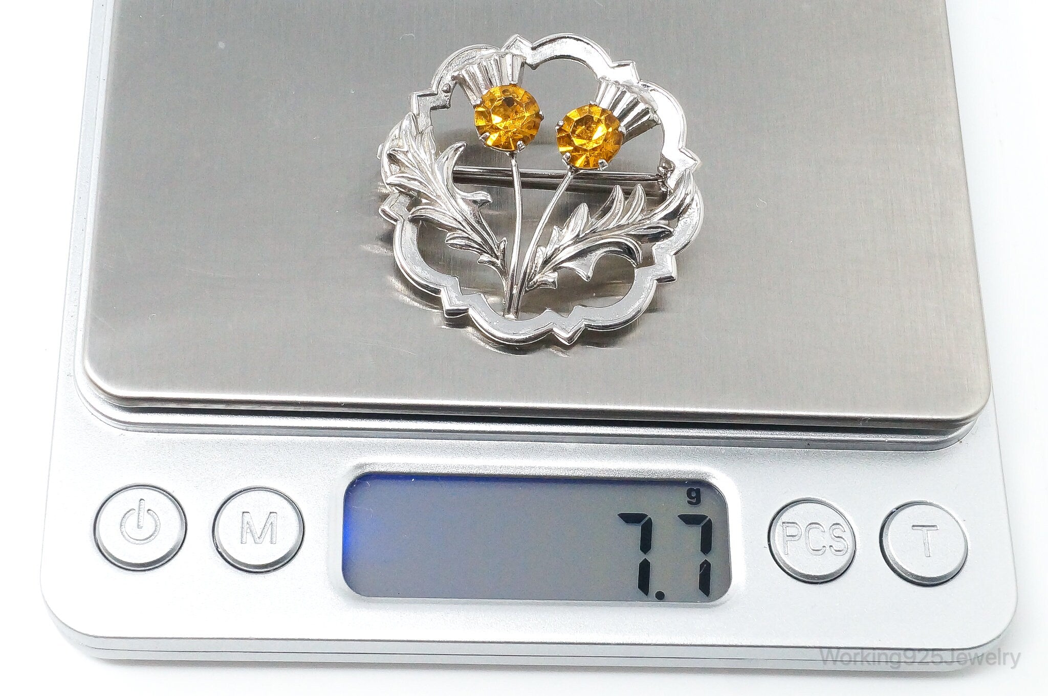 Vintage WB Ward Brothers Citrine Scottish Thistle Sterling Silver Brooch