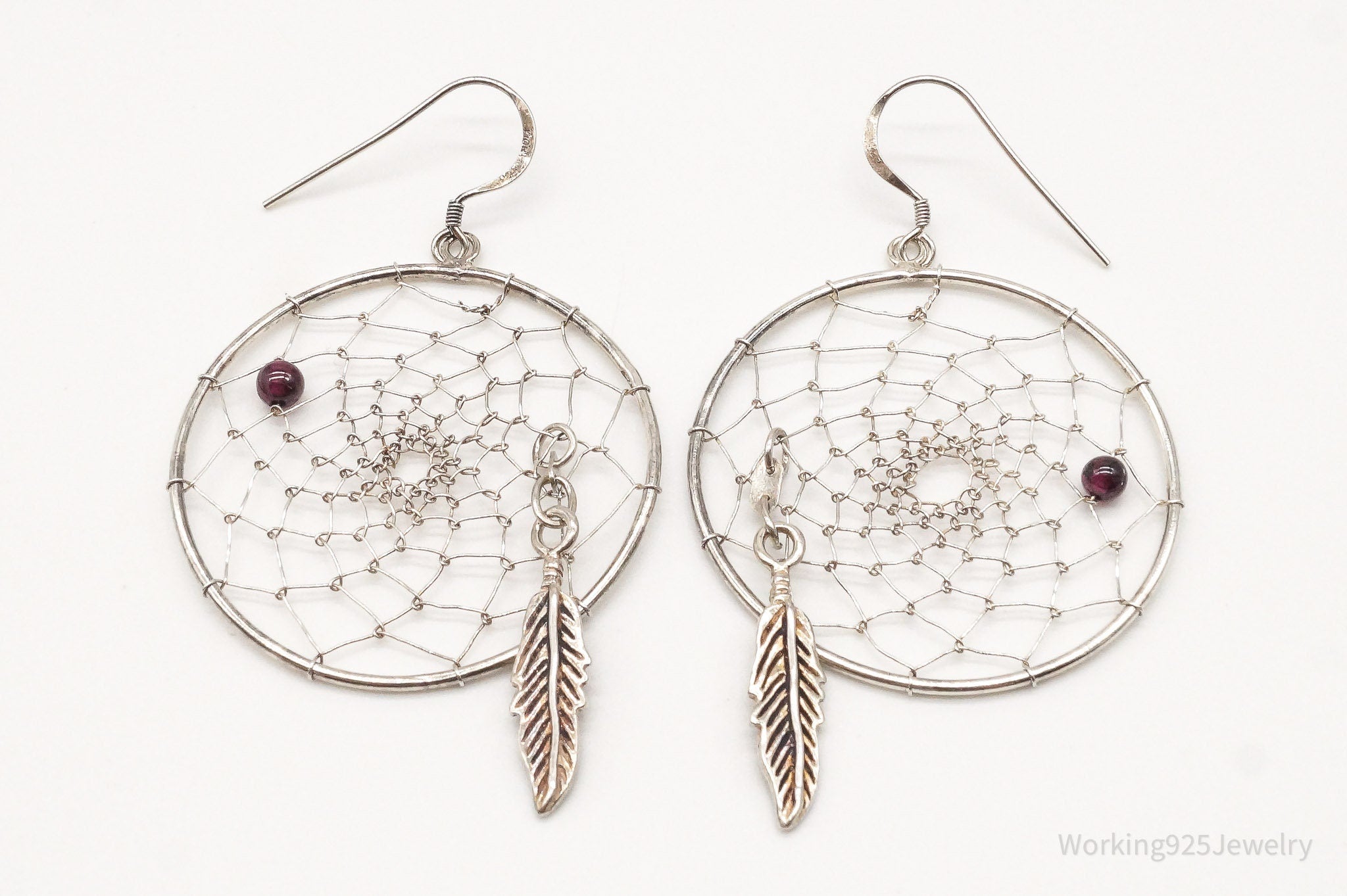 Vintage Native American Rhodolite Garnet Dream Catcher Sterling Silver Earrings