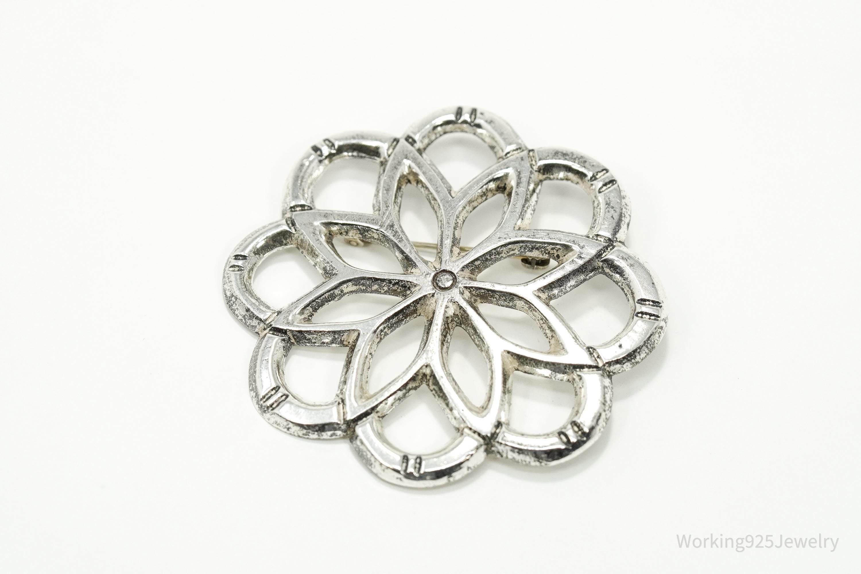 Large Vintage Flower Silver Brooch Pin 2"