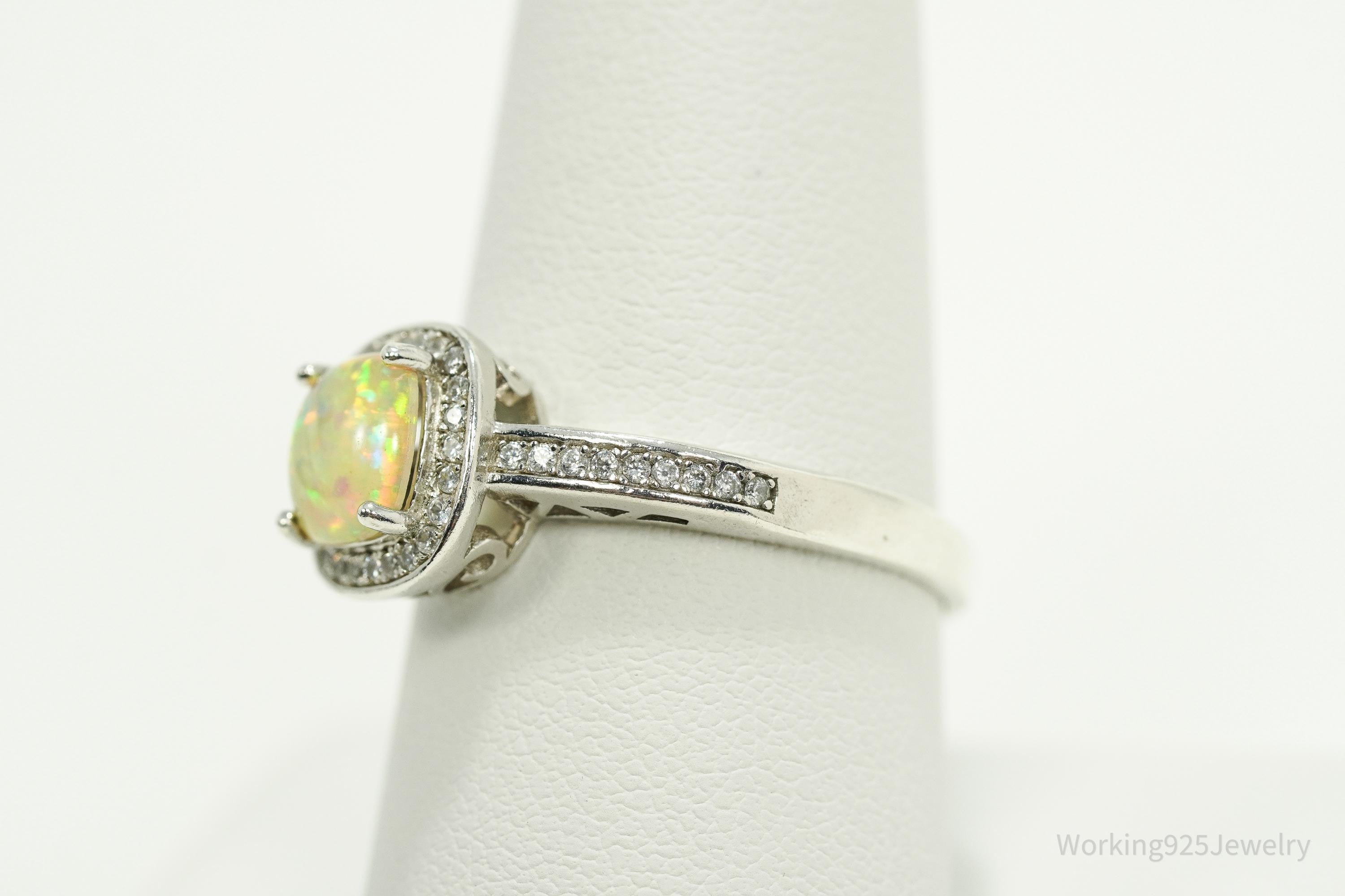 Vintage Opal & Cubic Zirconia Silver Ring - Size 9.25