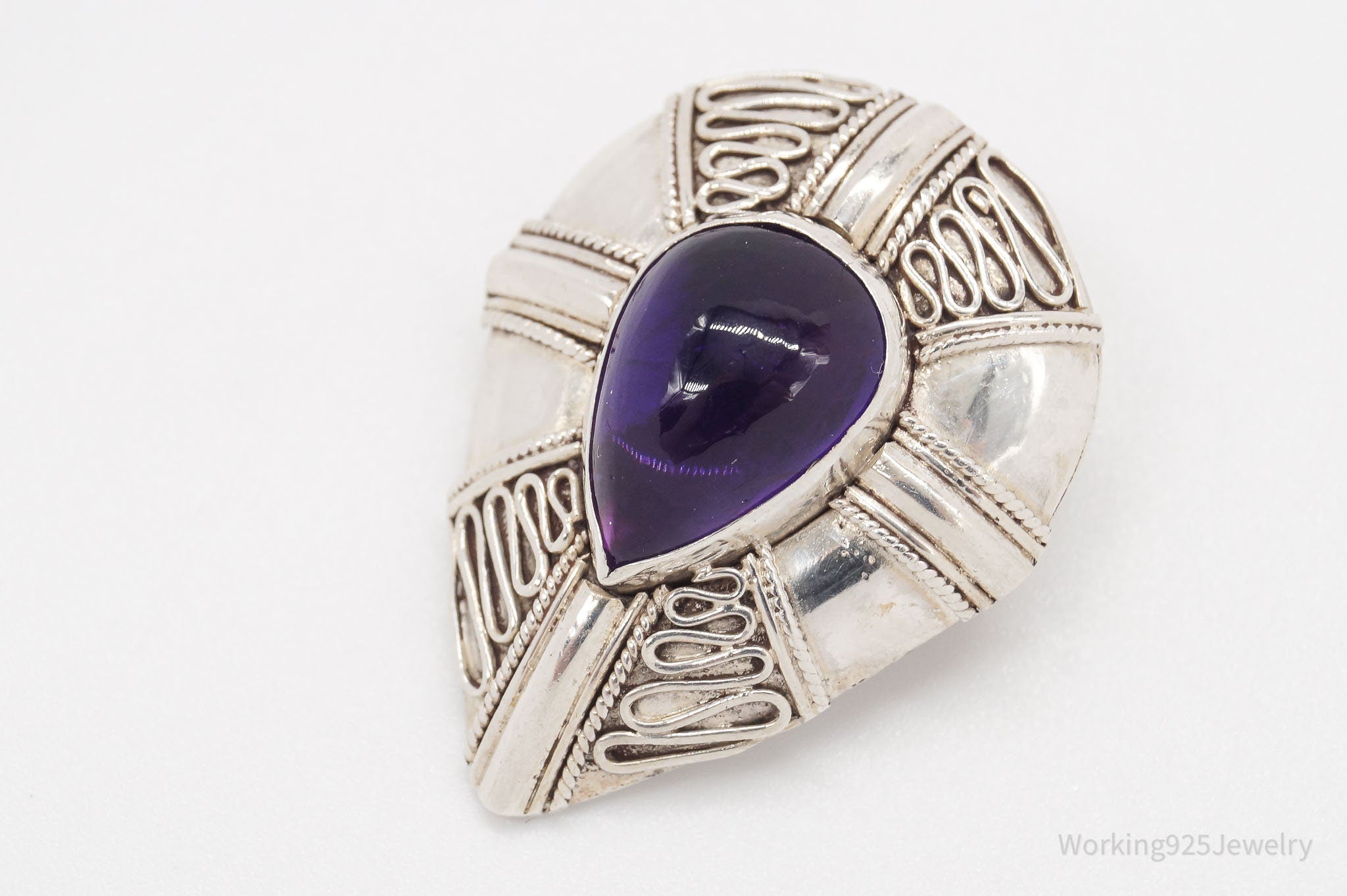 Vintage Amethyst Bali Style Sterling Silver Brooch Pin Pendant