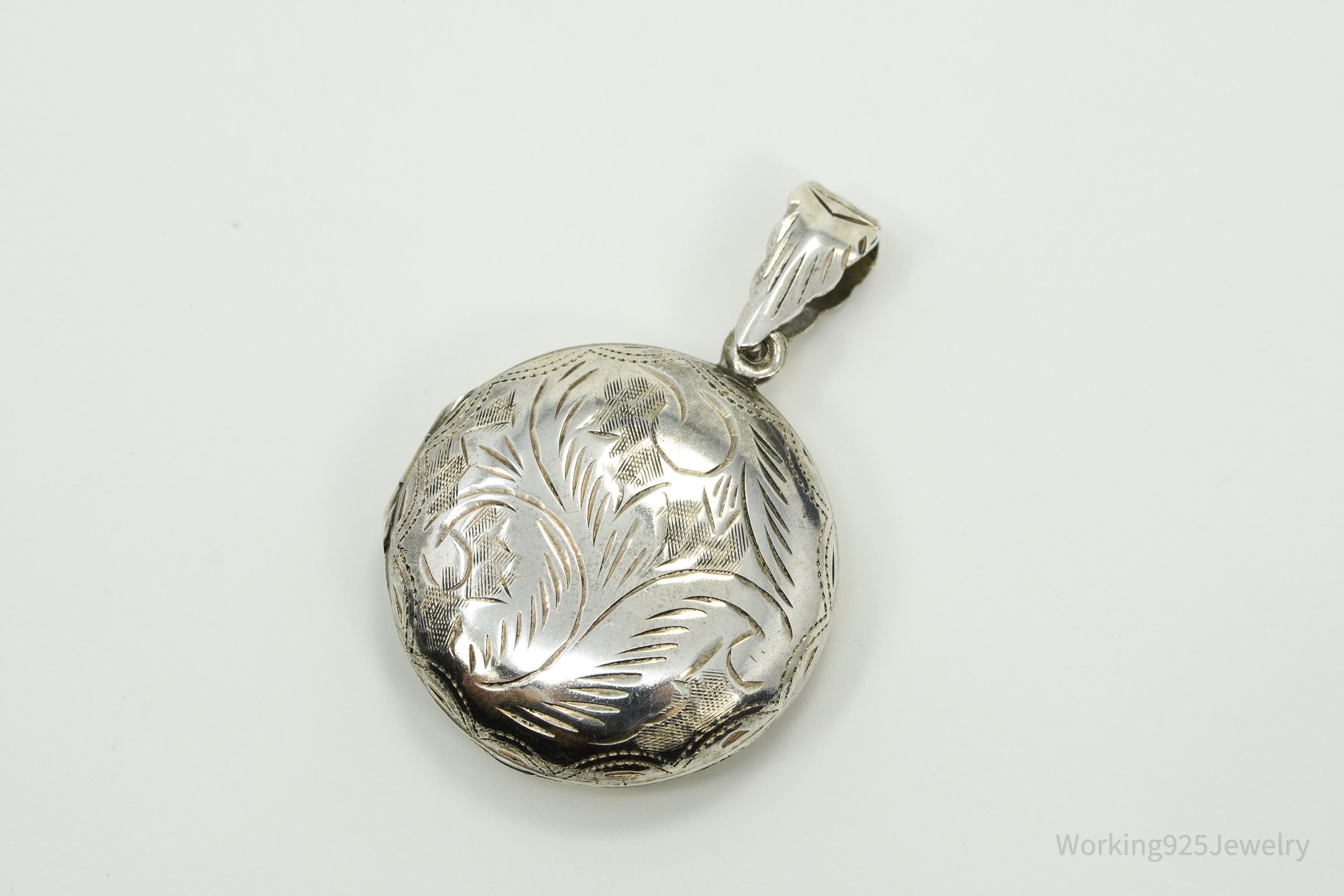 Vintage Round Etched Locket Sterling Silver Charm Pendant