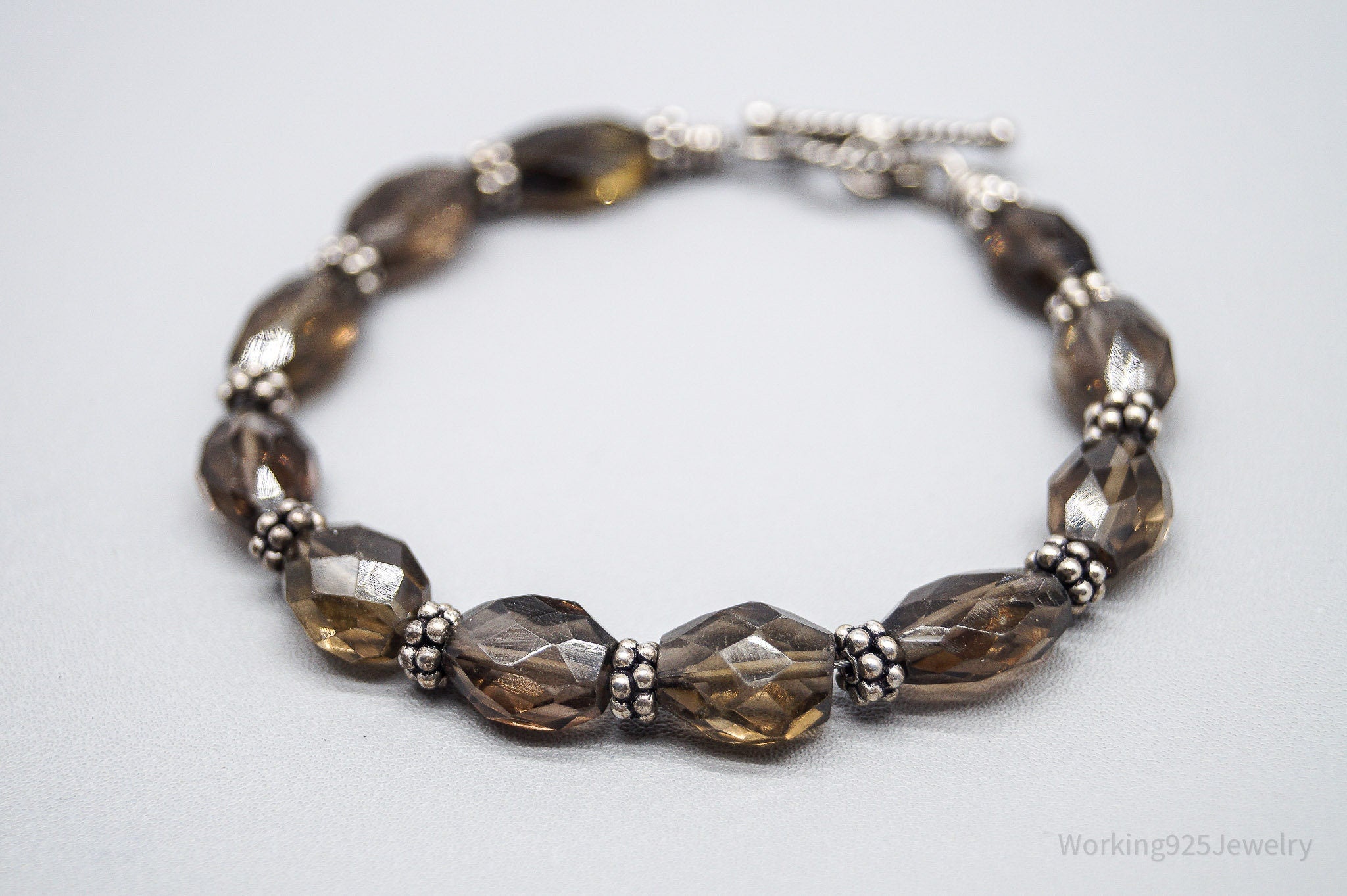 Vintage Smoky Topaz Bead Silver Toggle Bracelet - 7.5"