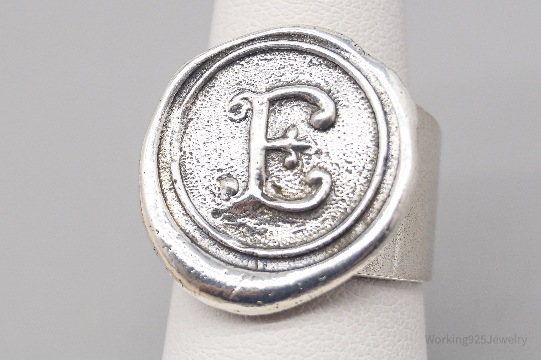 Vintage E Initial Wax Seal Sterling Silver Ring - Size 7.25