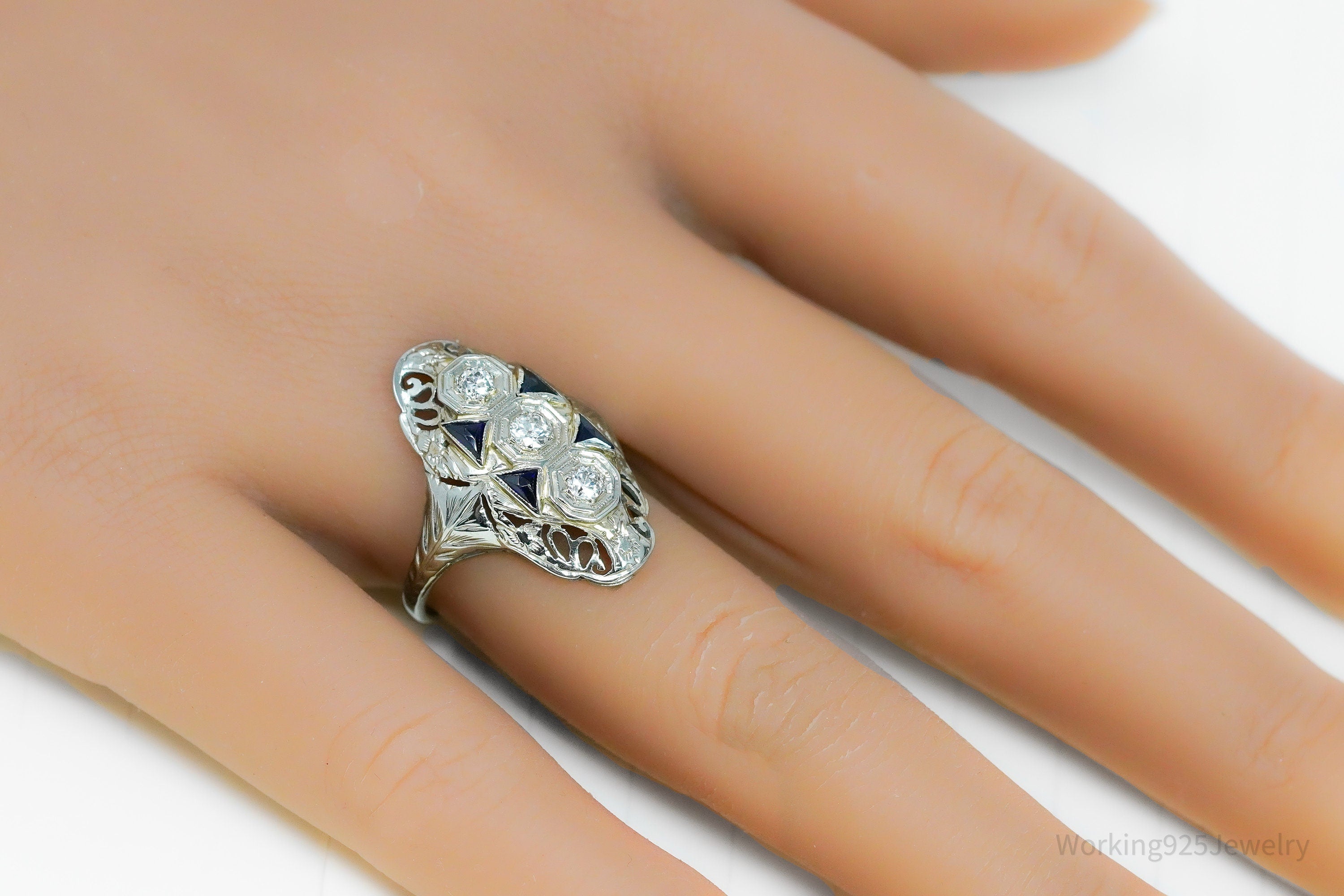 Circa Art Deco Era 18K White Gold, Diamonds And Sapphire Ring - Size 7.5