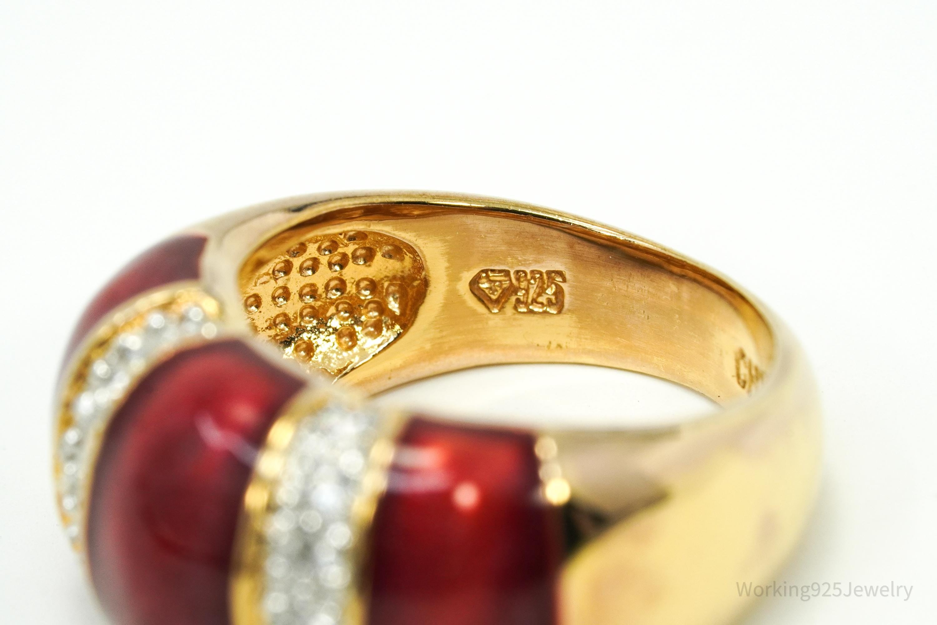 Designer Cubic Zirconia & Red Enamel Gold Over Sterling Silver Ring Size 6.75