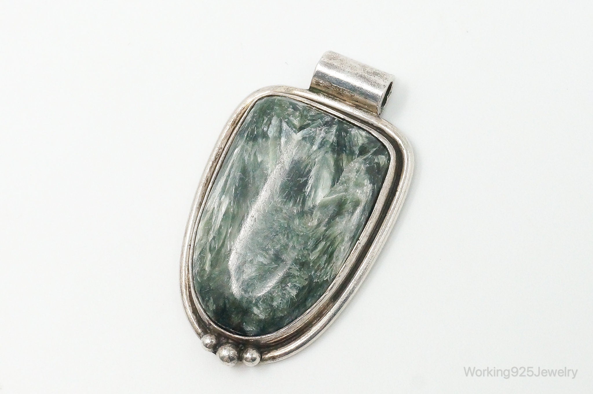 Vintage Large Green Seraphinite Sterling Silver Necklace Pendant