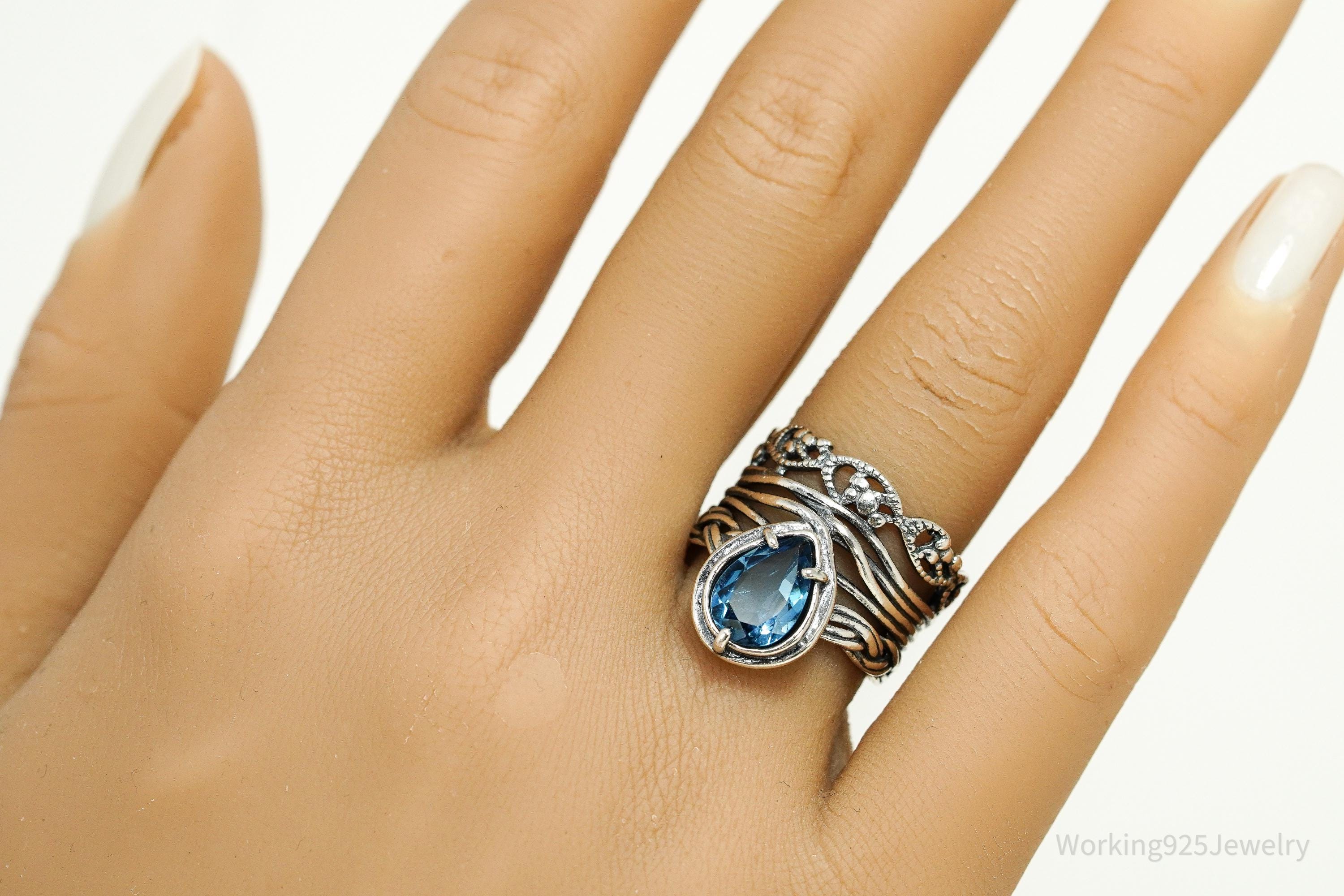 Vintage Israel Designer Paz PZ Blue Topaz Sterling Silver Ring - Size 7.5