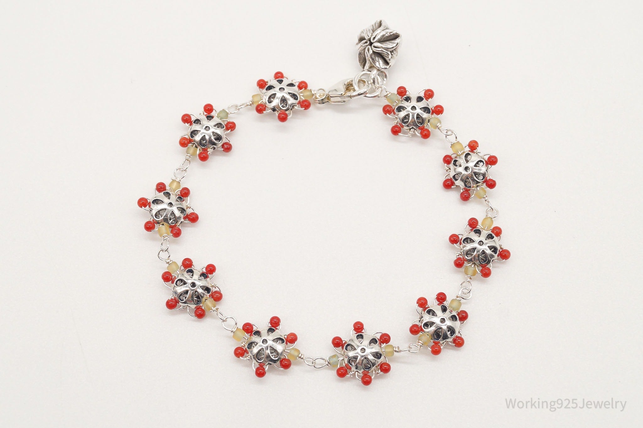 Vintage Intricate Glass Beads Flowers Sterling Silver Bracelet