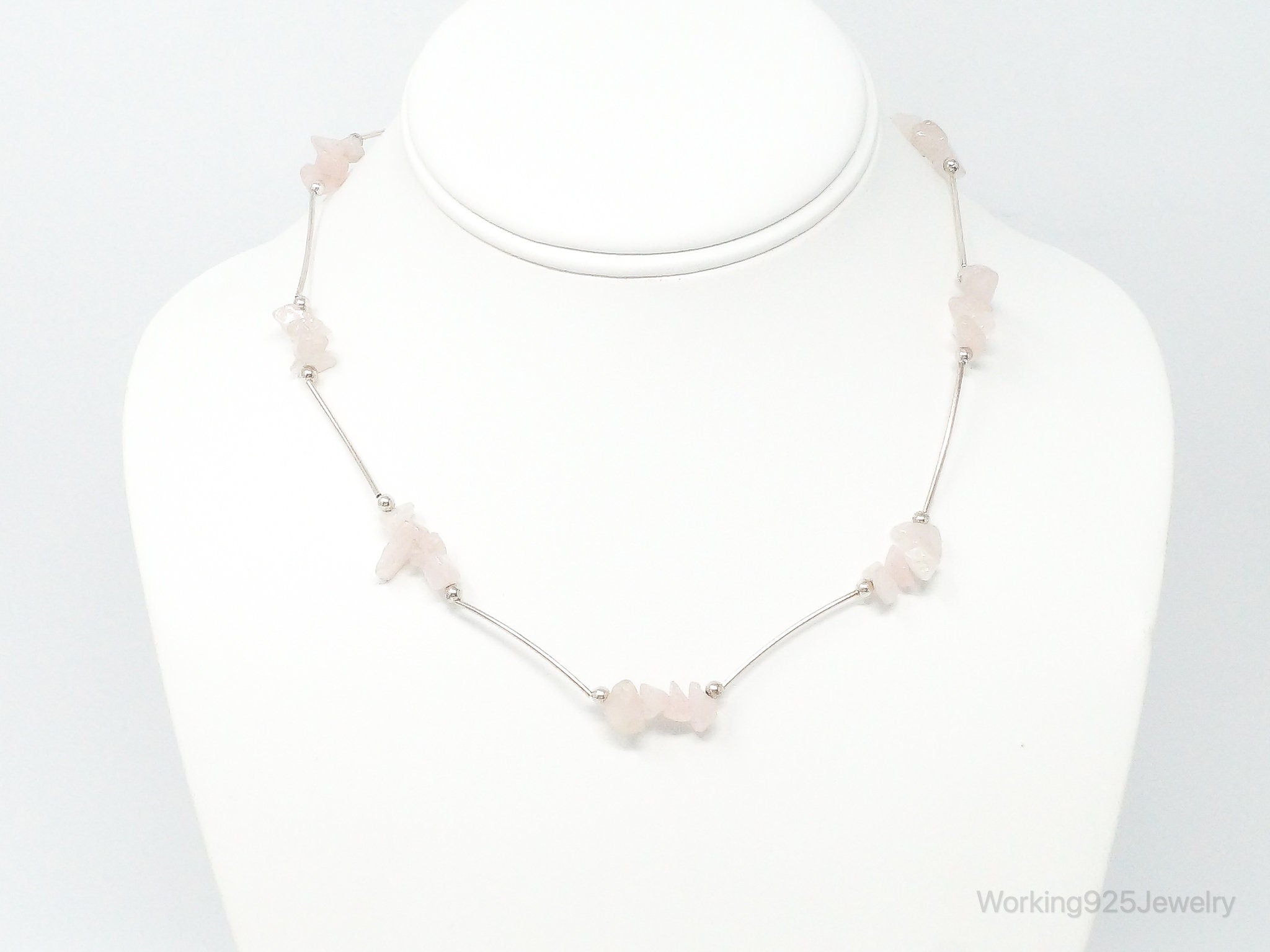 Vintage Rose Quartz Bead Sterling Silver Necklace