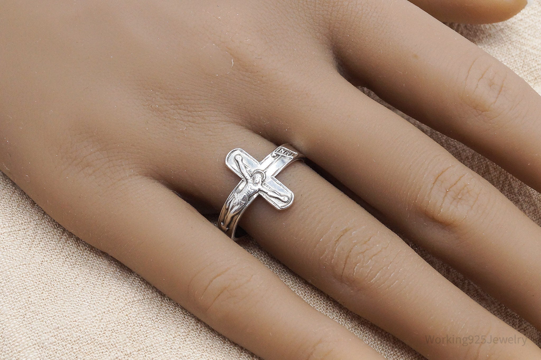 Vintage Crucifix Cross Sterling Silver Band Ring - Size 8.75 Adjustable