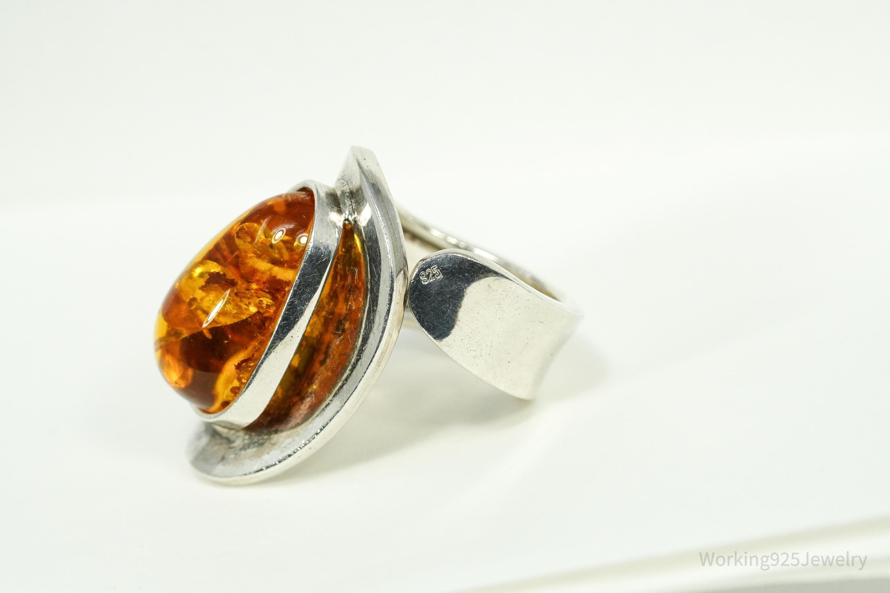 Vintage Large Amber Modernist Style Sterling Silver Ring - Size 9