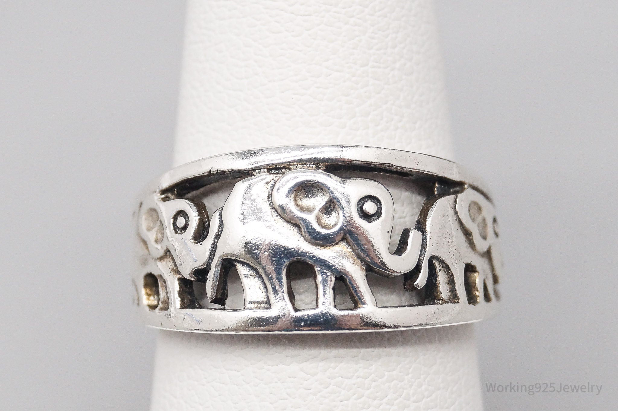 Vintage Elephant Family Good Fortune Sterling Silver Band Ring - Size 6.75