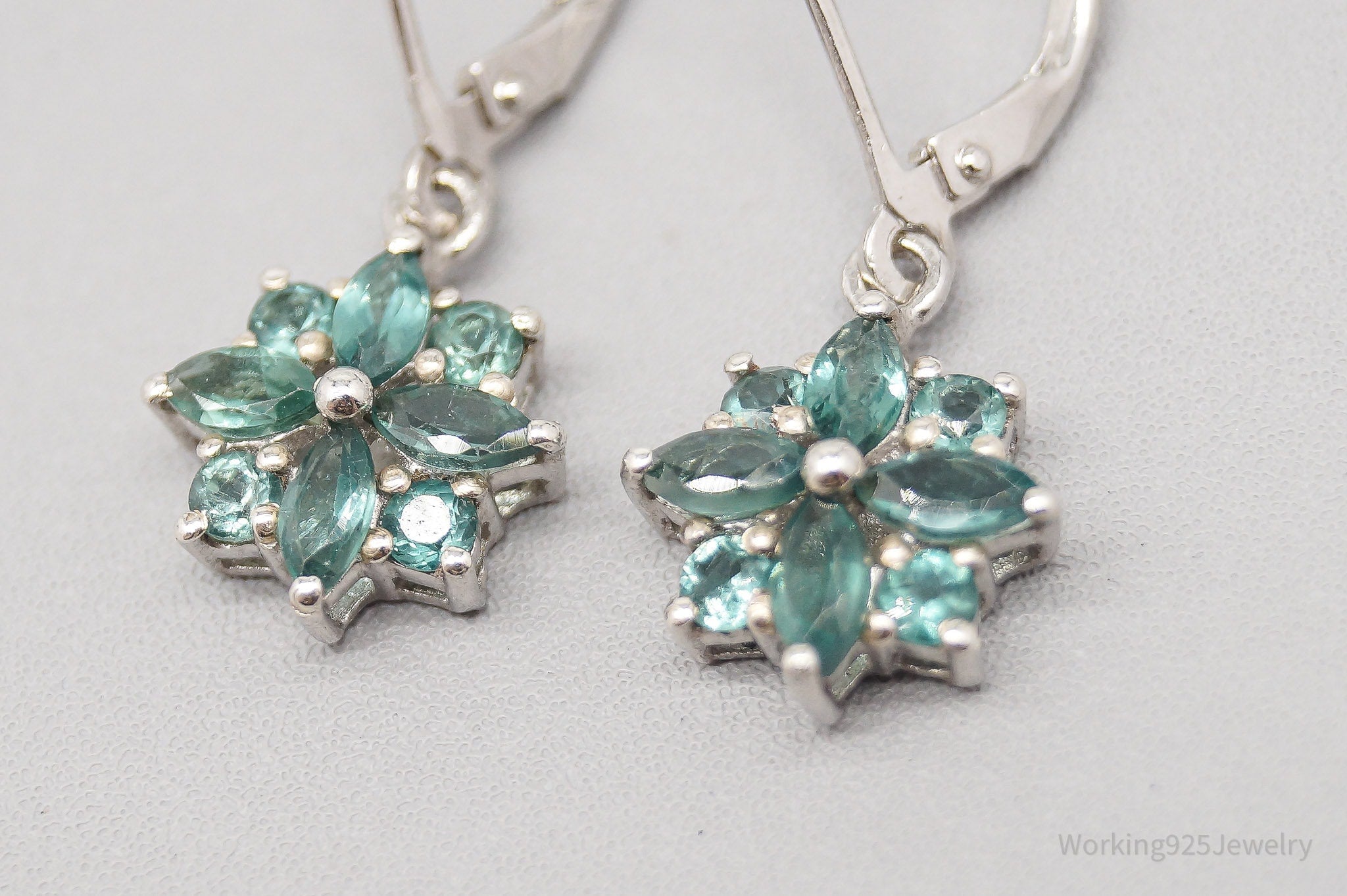 Vintage Teal Gemstone Sterling Silver Flower Earrings