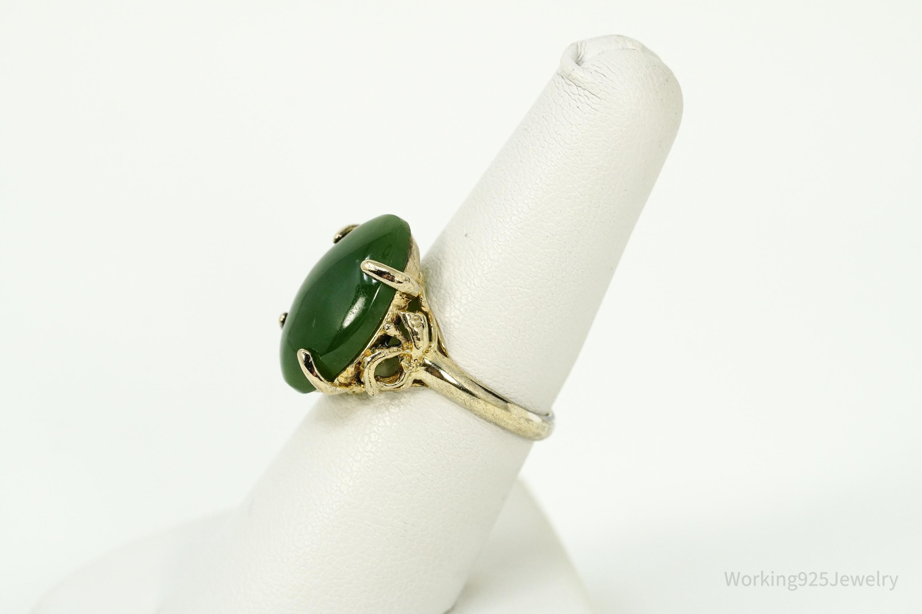 Vintage Green Jade Gold Over Sterling Silver Ring Size 6.75