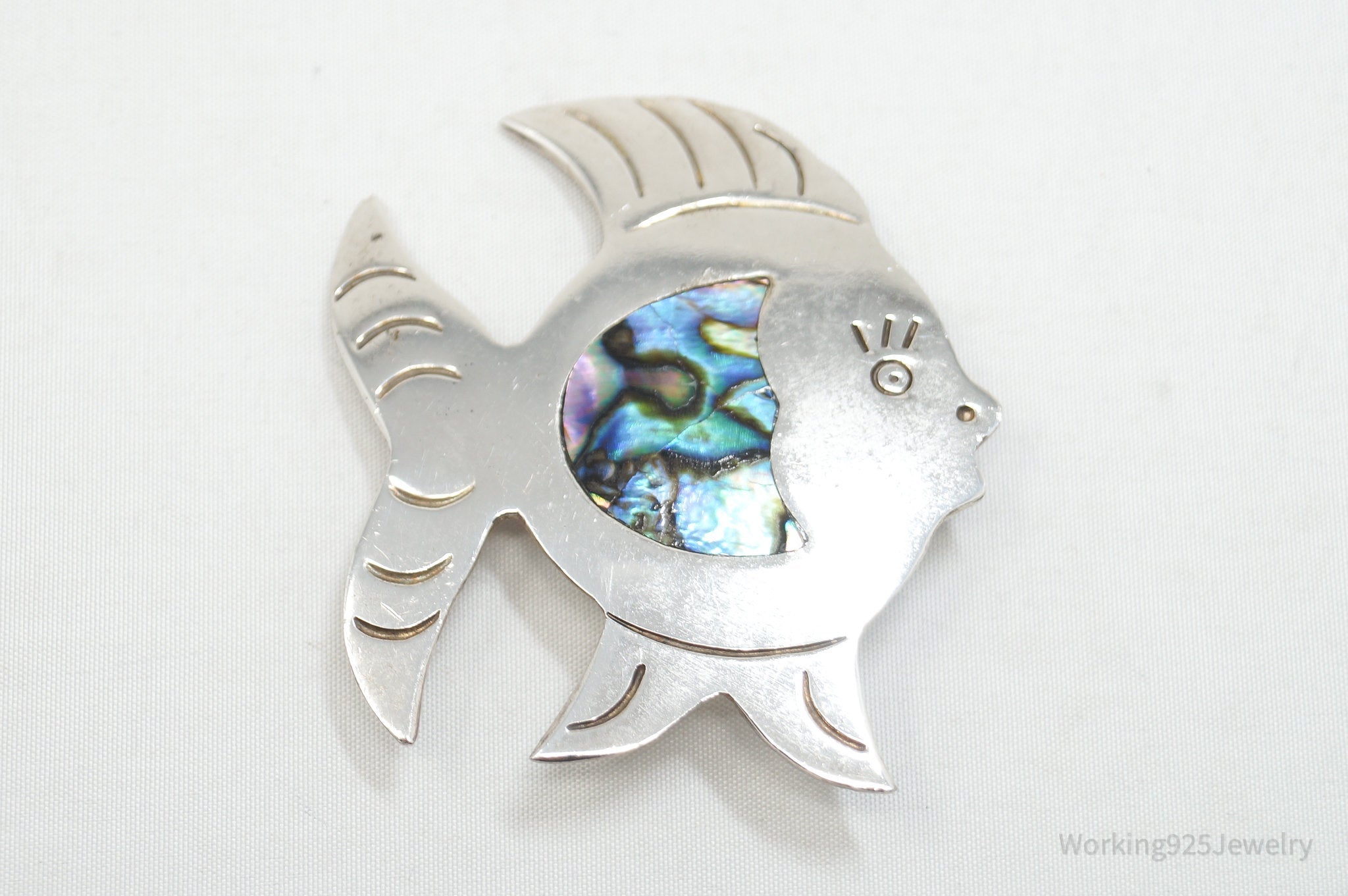 Vintage Mexico Alpaca Abalone Paua Shell Fish Sterling Silver Brooch Pin