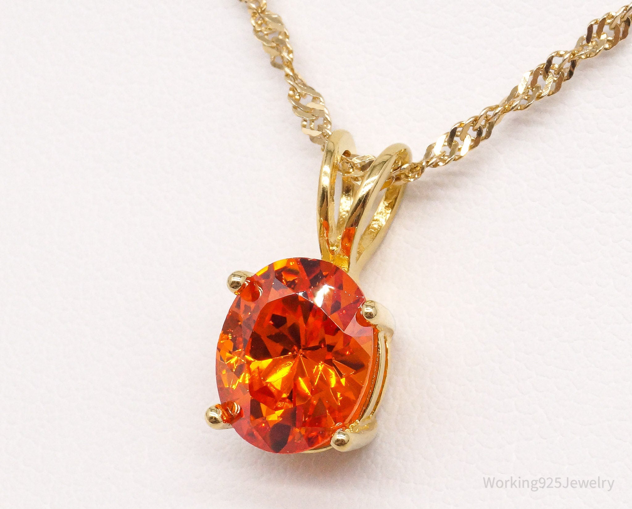 Vintage Fire Orange Cubic Zirconia Gold Vermeil Sterling Silver Necklace 18"