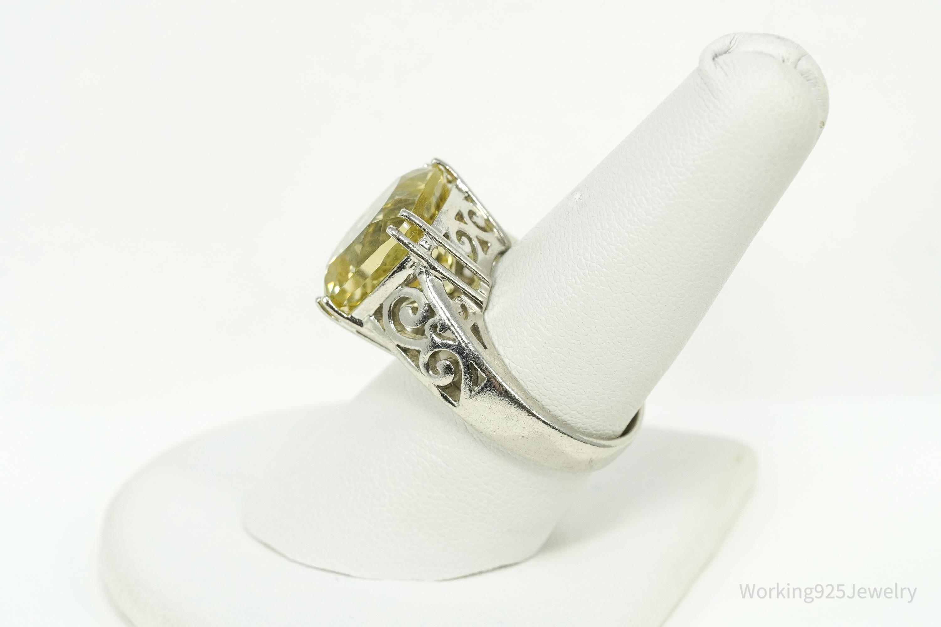 Vintage Large Lemon Citrine Sterling Silver Ring - Size 8