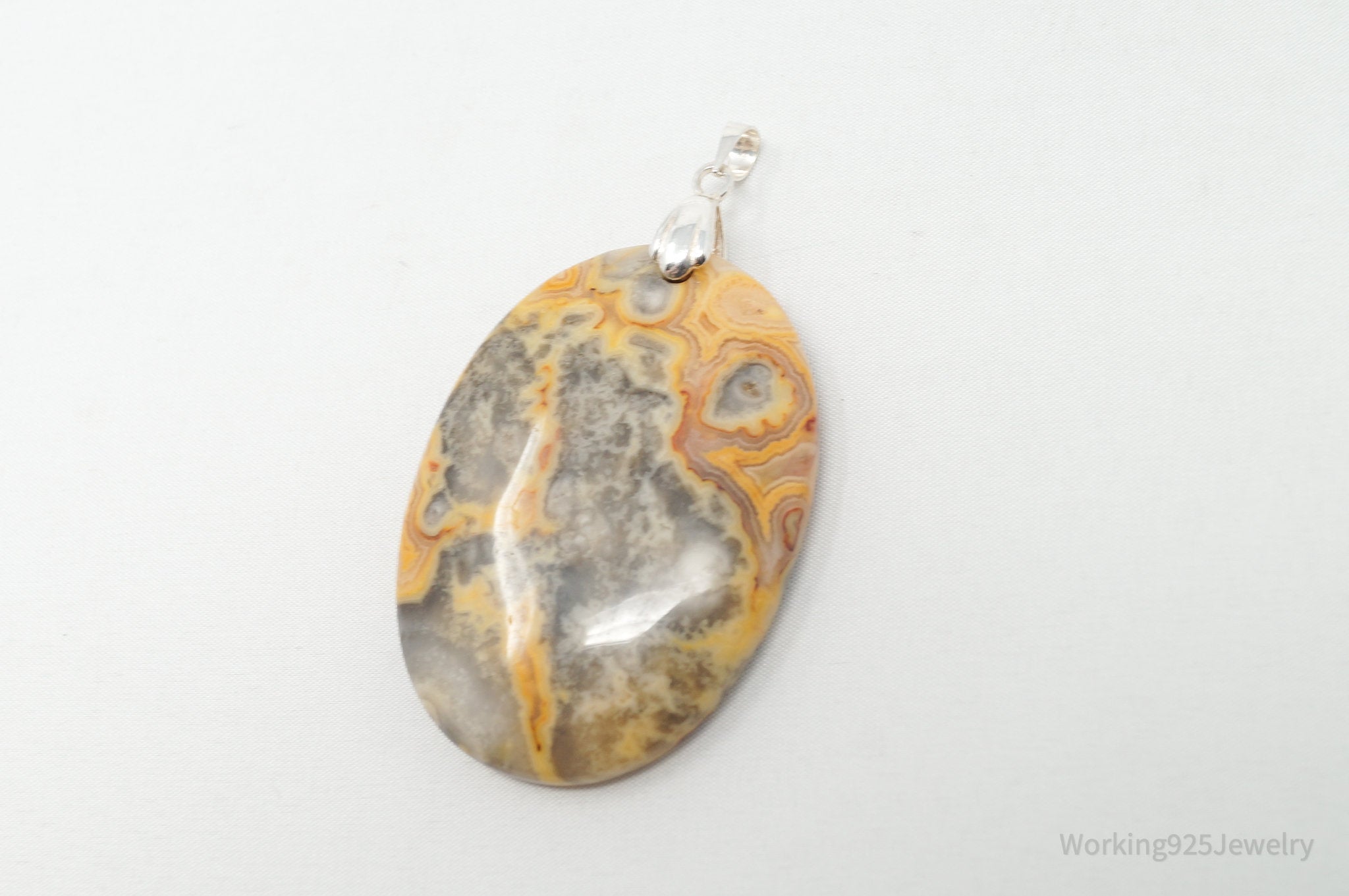 Vintage Large Orange Lace Agate Sterling Silver Necklace Pendant