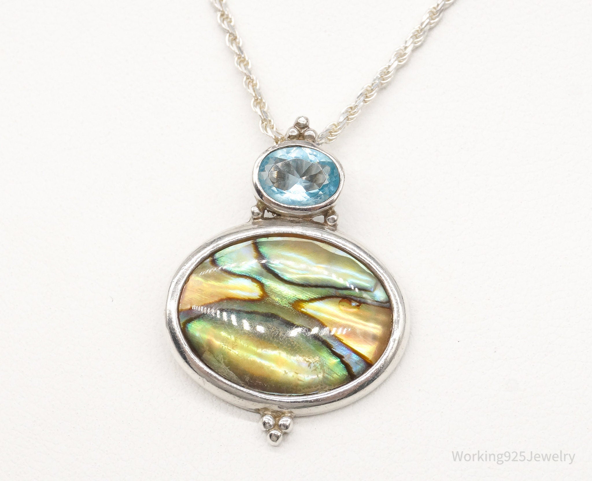 Vintage Paua Abalone Shell Blue Topaz Sterling Silver Necklace