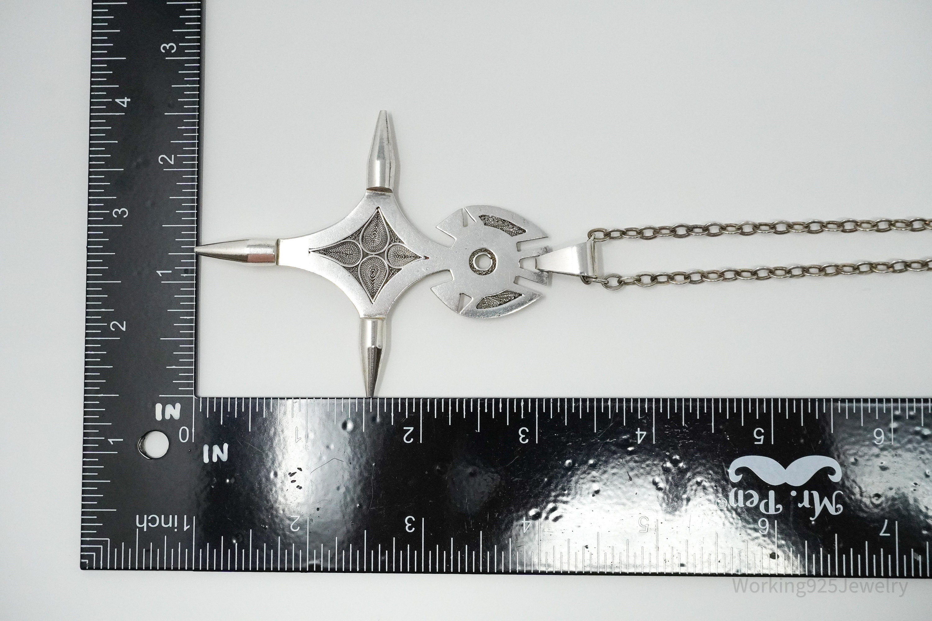 Vintage Large African Cross Silver Necklace 24"