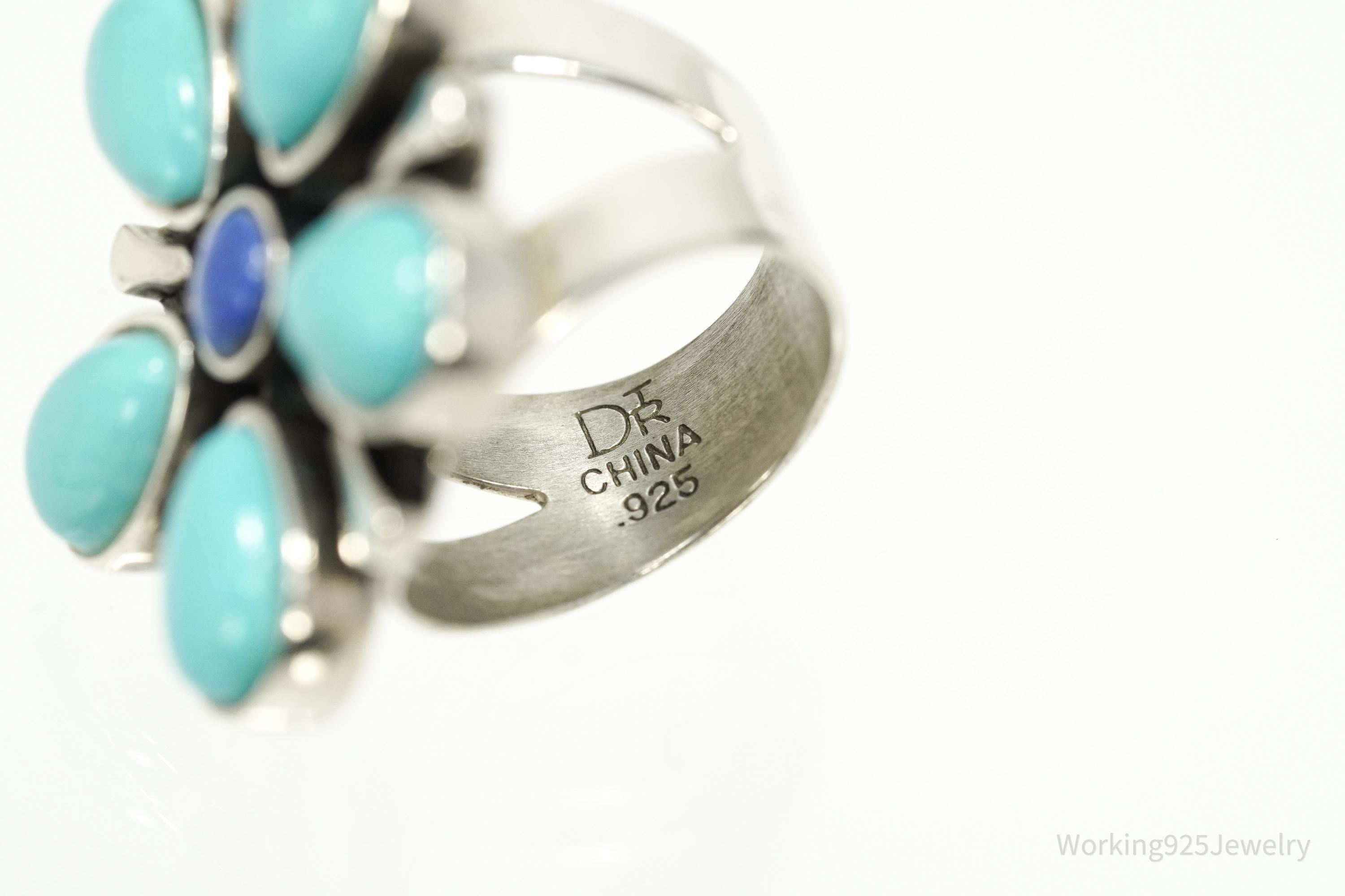 Vintage Desert Rose Turquoise & Lapis Lazuli Flower Sterling Silver Ring Size 6