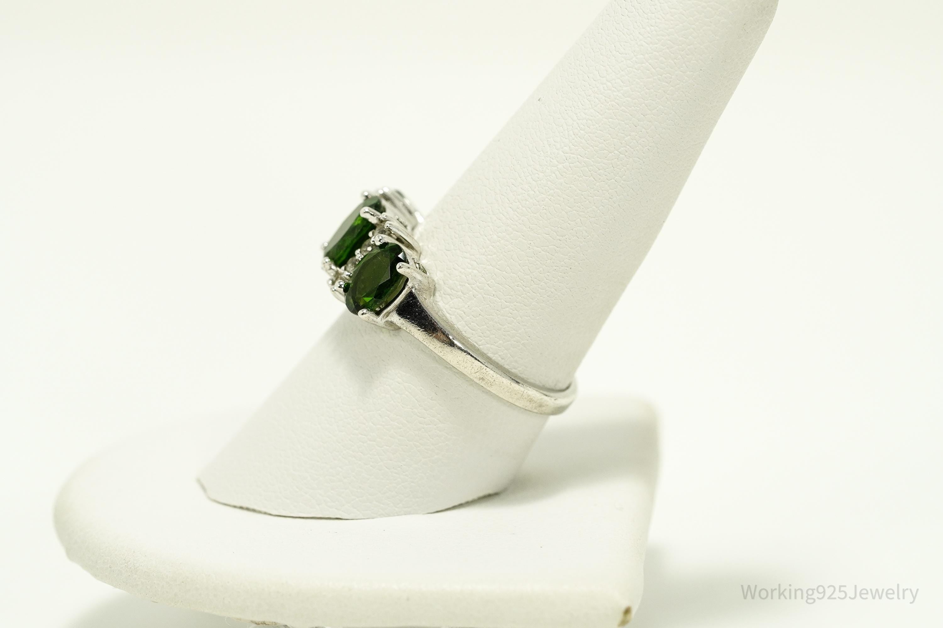 Green Chrome Diopside & White Topaz Sterling Silver Ring - Size 8.75