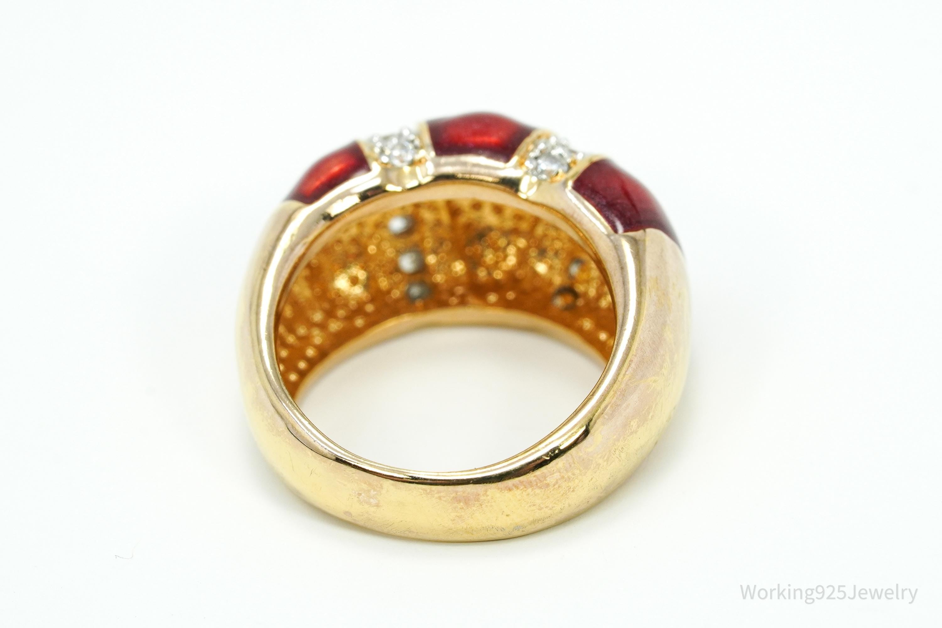 Designer Cubic Zirconia & Red Enamel Gold Over Sterling Silver Ring Size 6.75