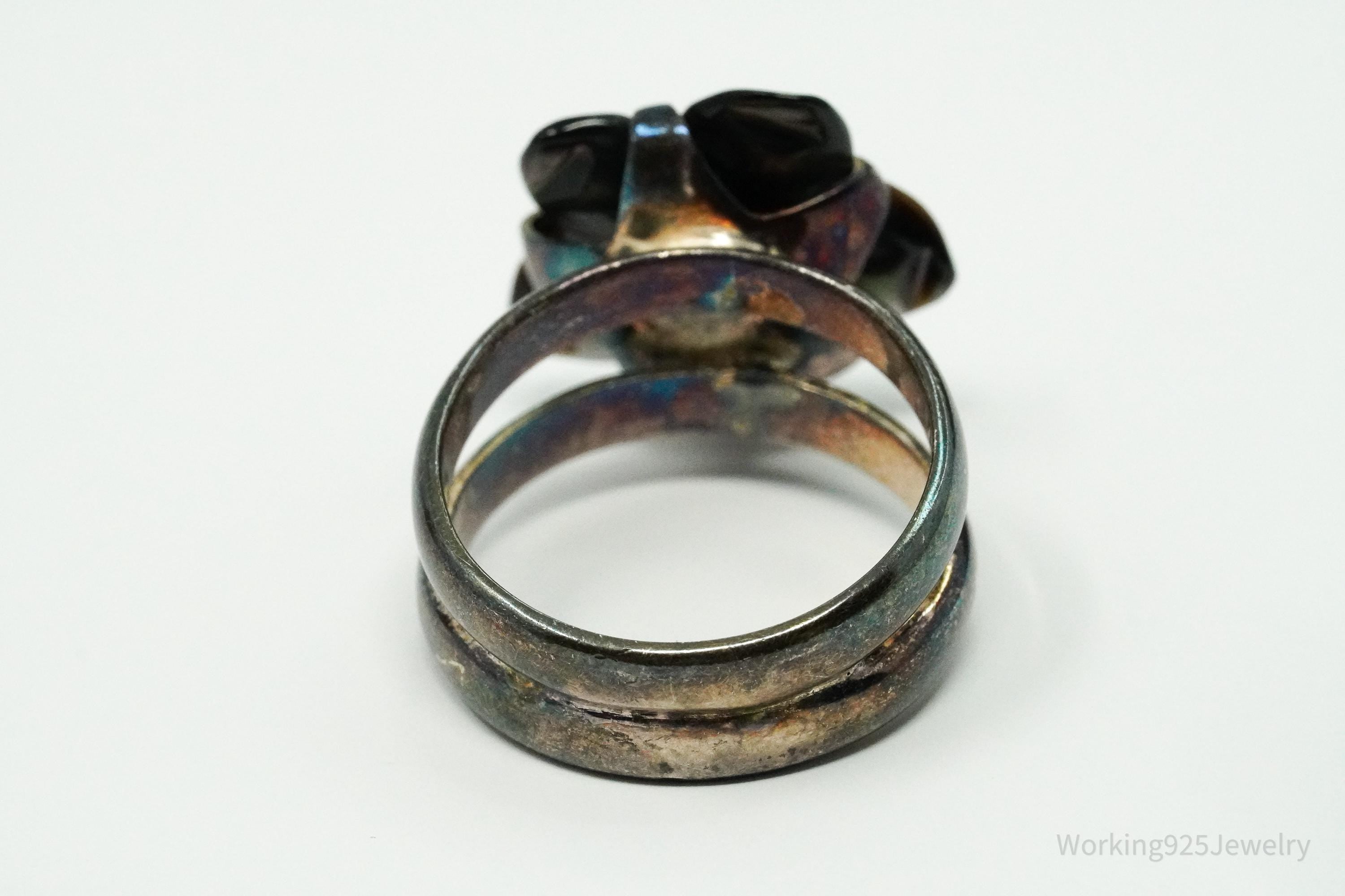 Vintage Black Mother Of Pearl & Smoke Topaz Flower Sterling Silver Ring - Size 8