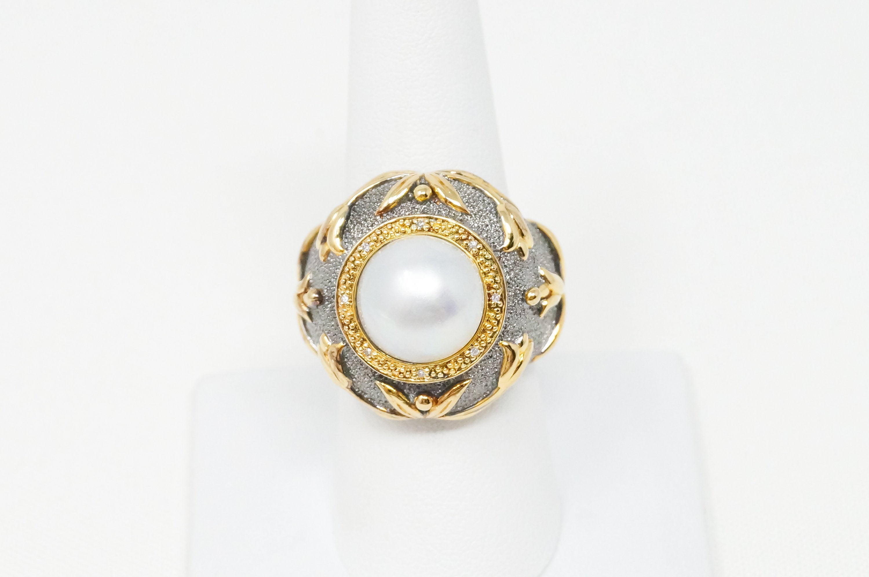 Vintage Pearl Gold Wash Diamond Art Nouveau Oxidized Ring Sterling Silver Sz 8