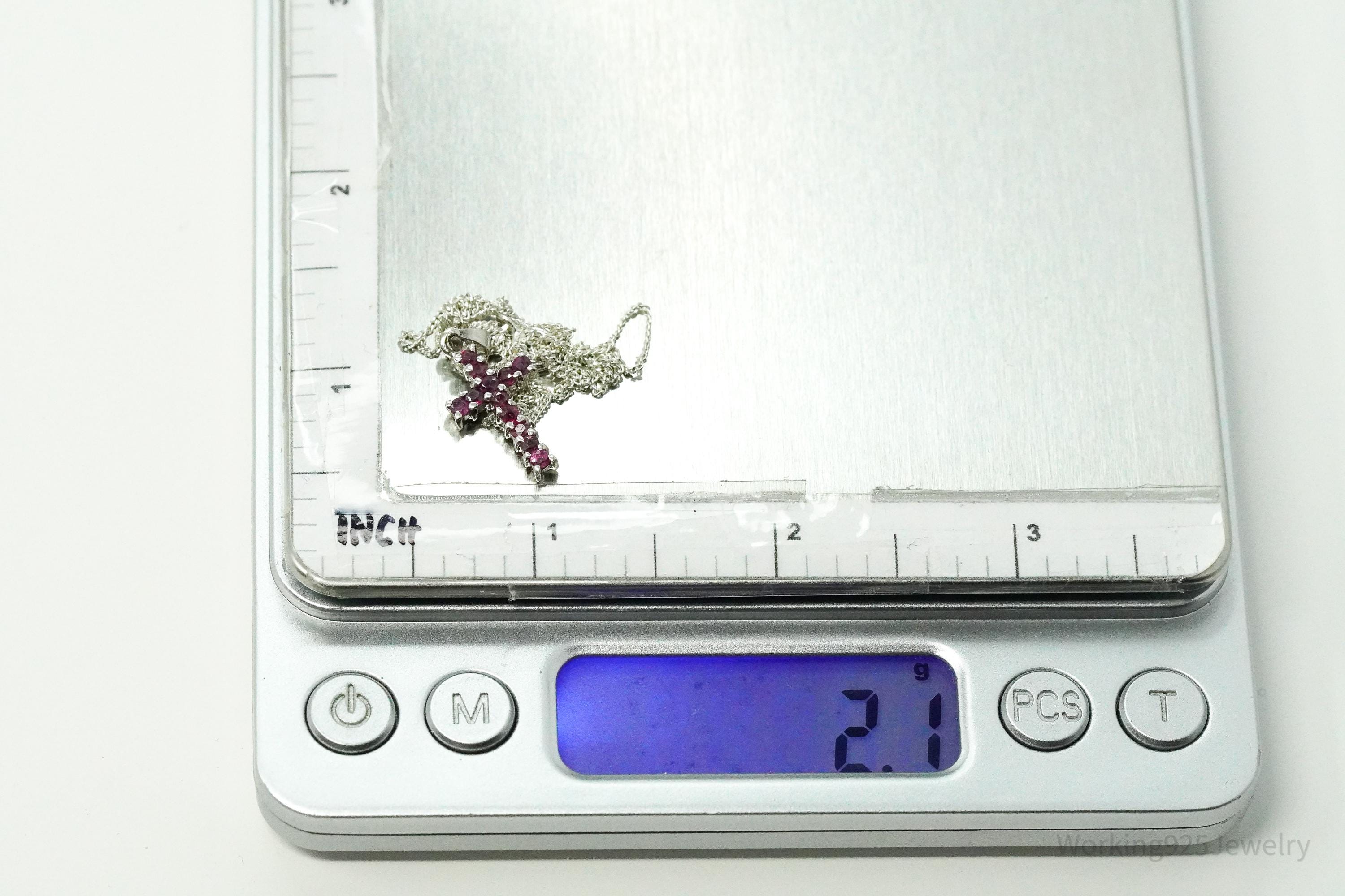 Vintage Ruby Cross Sterling Silver Necklace 16"