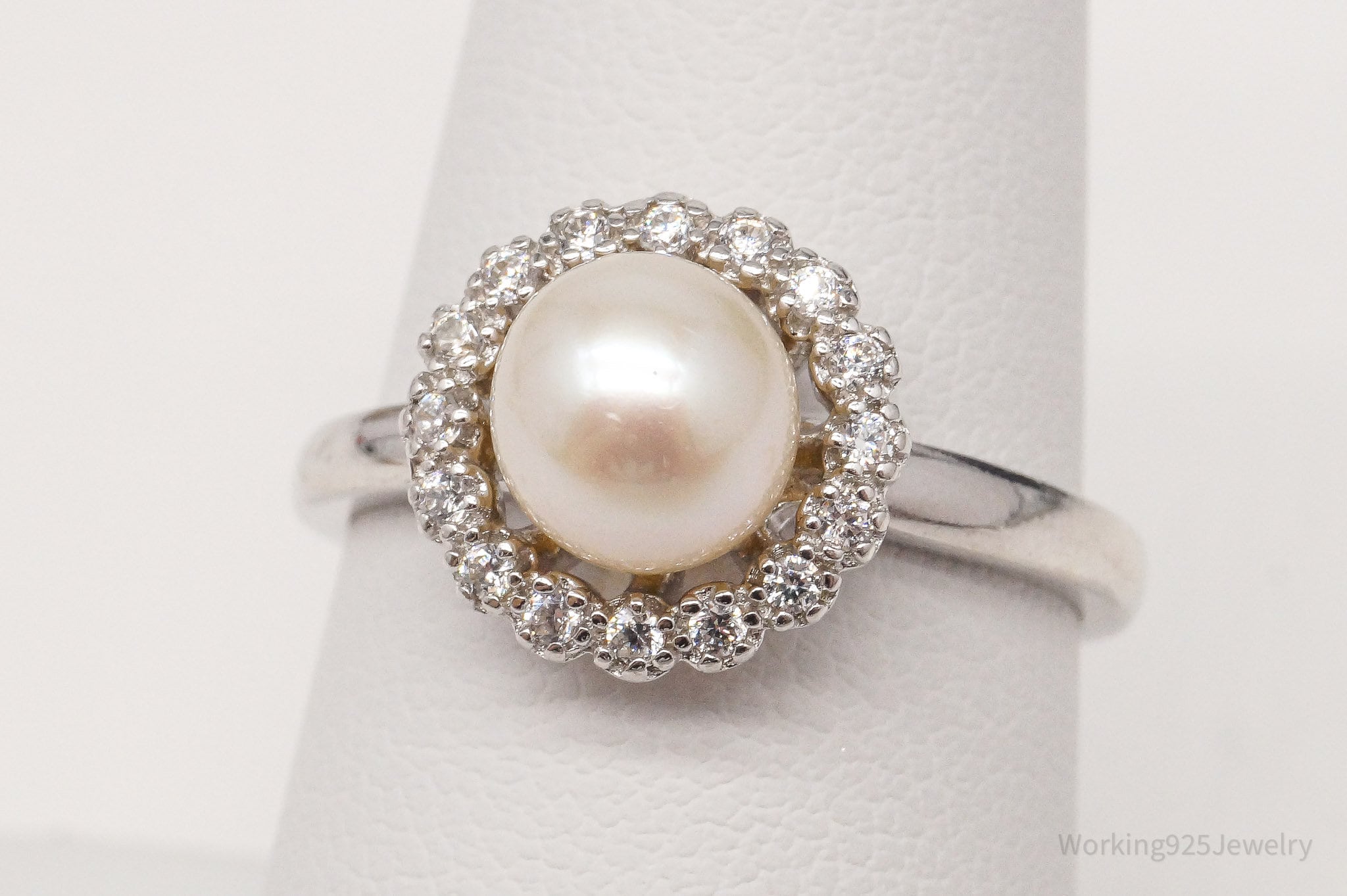 Vintage Designer Pearl Cubic Zirconia Sterling Silver Ring - Size 7.75