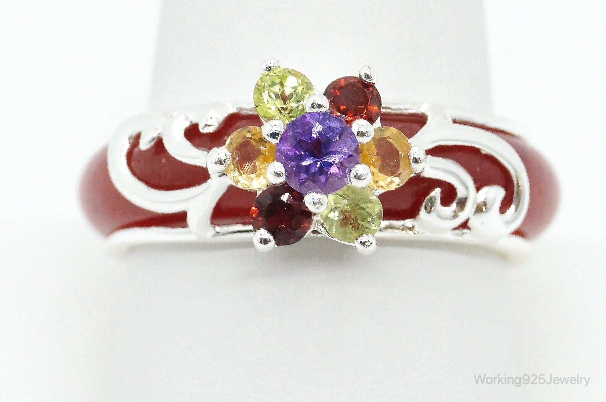 Vintage Red Jade Multi Gem Sterling Silver Ring - Size 9.75